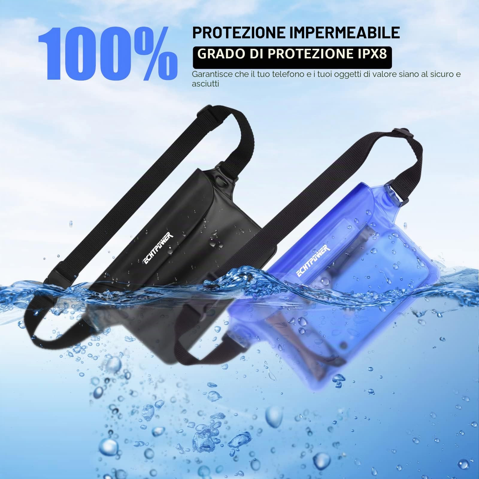 ECHTPower Borsa Impermeabile IPX8 [2 Pezzi], Marsupio Impermeabile con Tripla Protezione, Schermo Touch, Cintura Regolabile Estesa, Custodia Impermeabile per Mare,Subacqueo, Spiaggia, Barca, Cellulare