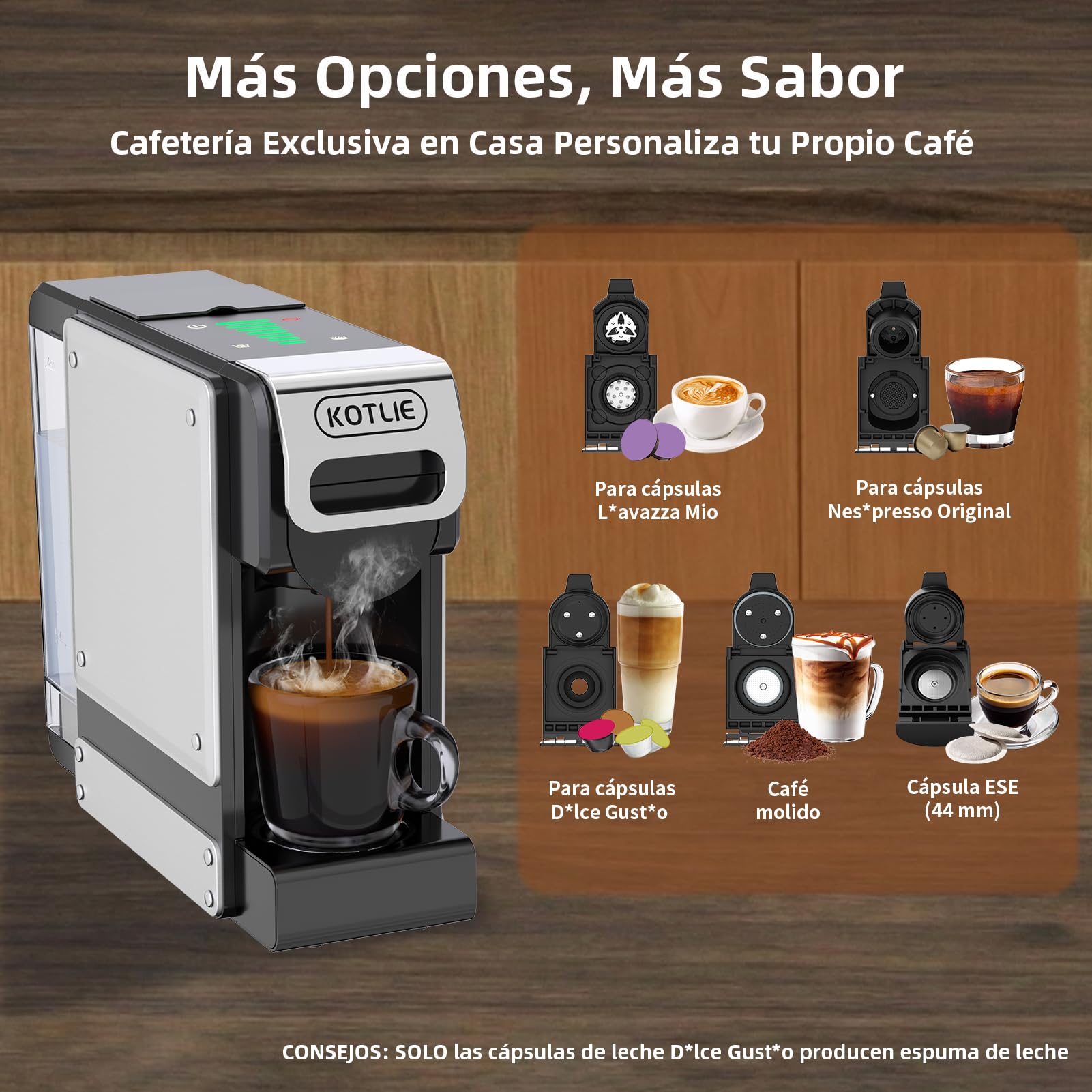 5 en 1 Máquina de Café en Cápsulas 19BAR para Lavazza MIO/Nespresso Original/Dolce Gusto cápsulas y Café Molido/ESE Pod, Máquinas Automáticas de Café Espresso en Cápsulas Pequeñas, 1L, 1450W