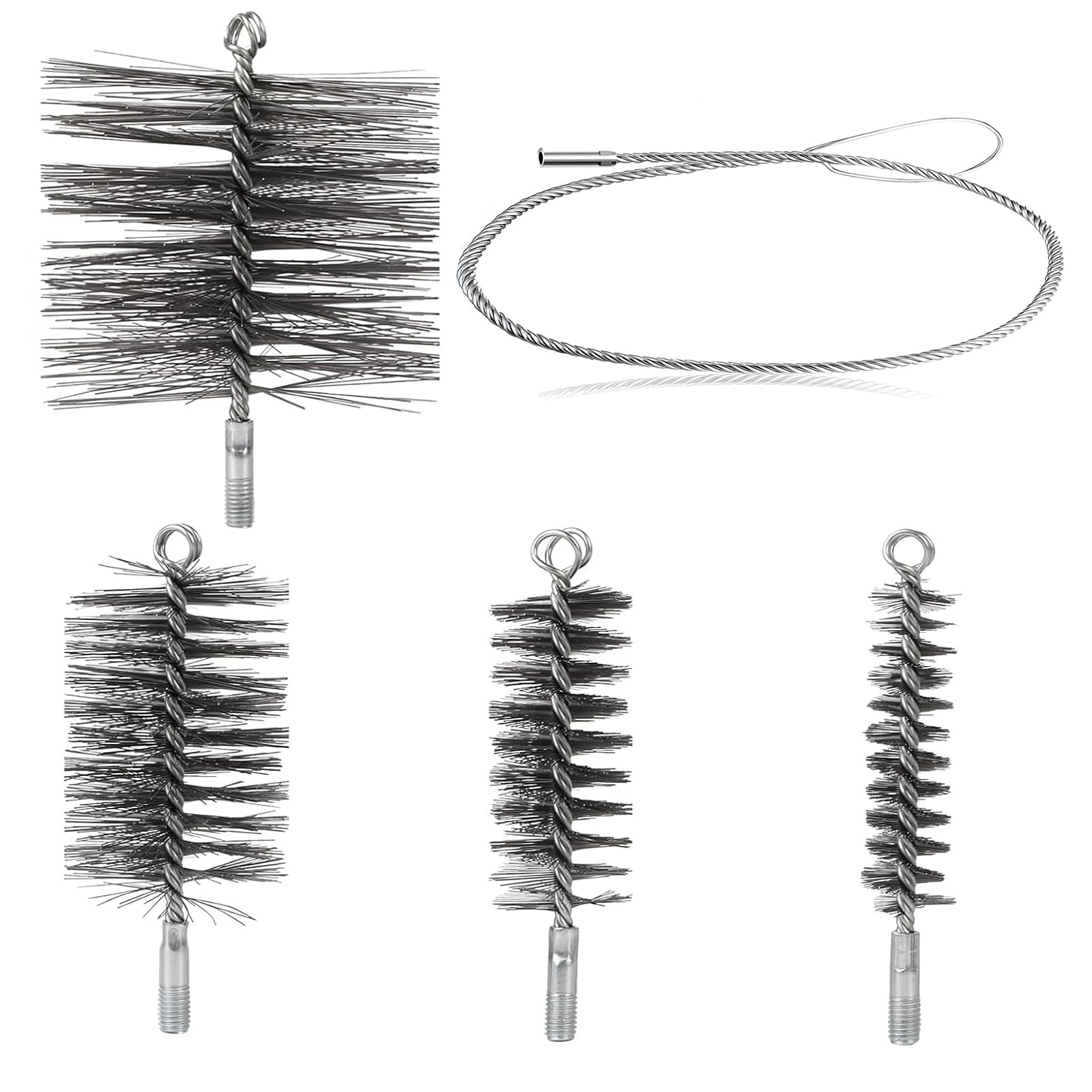 5 Pièces Herisson de Ramonage 150mm 80mm 50mm 30mm, Kit Ramonage Poele Pellet, Métallique Goupillon, Brosse pour Tuyau de Poêle Nettoyage, Brosses de Ramonage Cheminée en Fil d'Acier Robuste