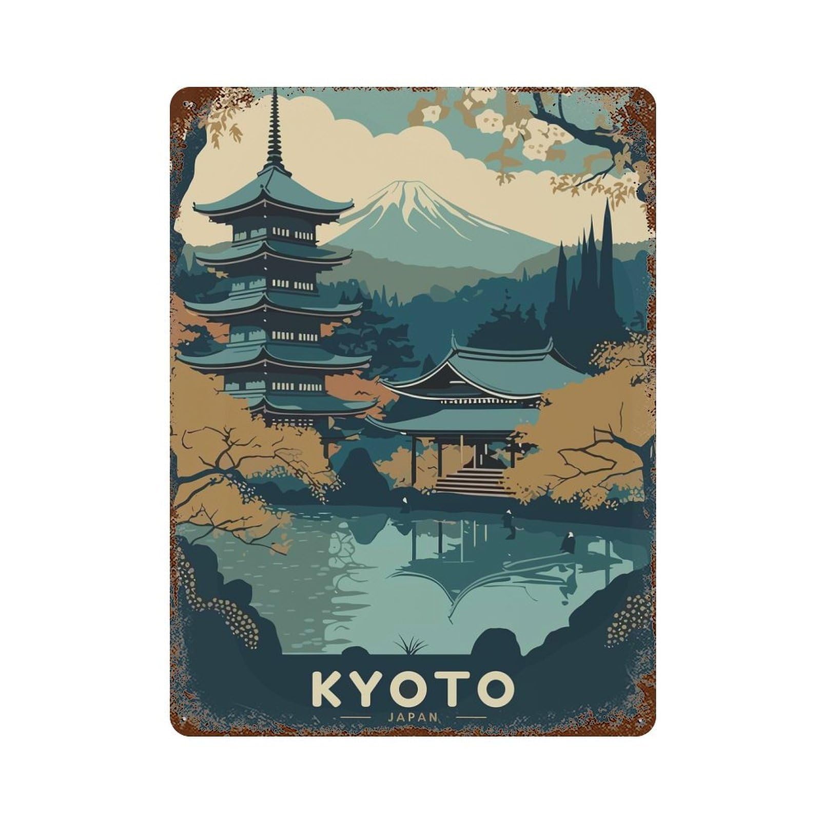 Kyoto Japan Landscape Weathered Tin Sign 15.7"x11.8", Vintage Wall Decor for Garage, Pub Or Kitchen