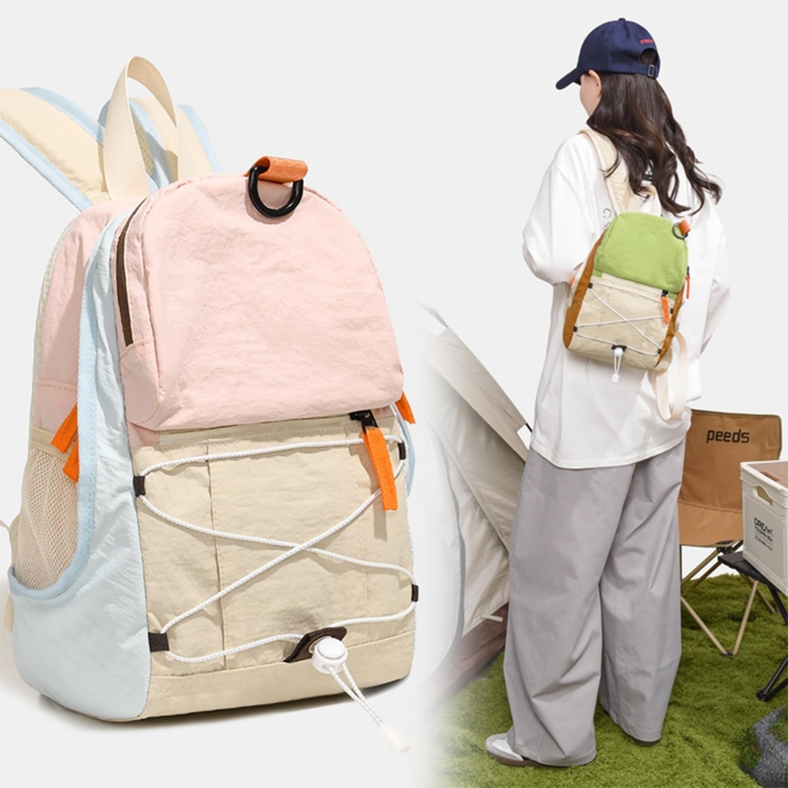 Zaino Color Block Mini Nylon Backpack, Bungee Cord Daypack Leggero per Escursioni E Uso Quotidiano-fenwulan