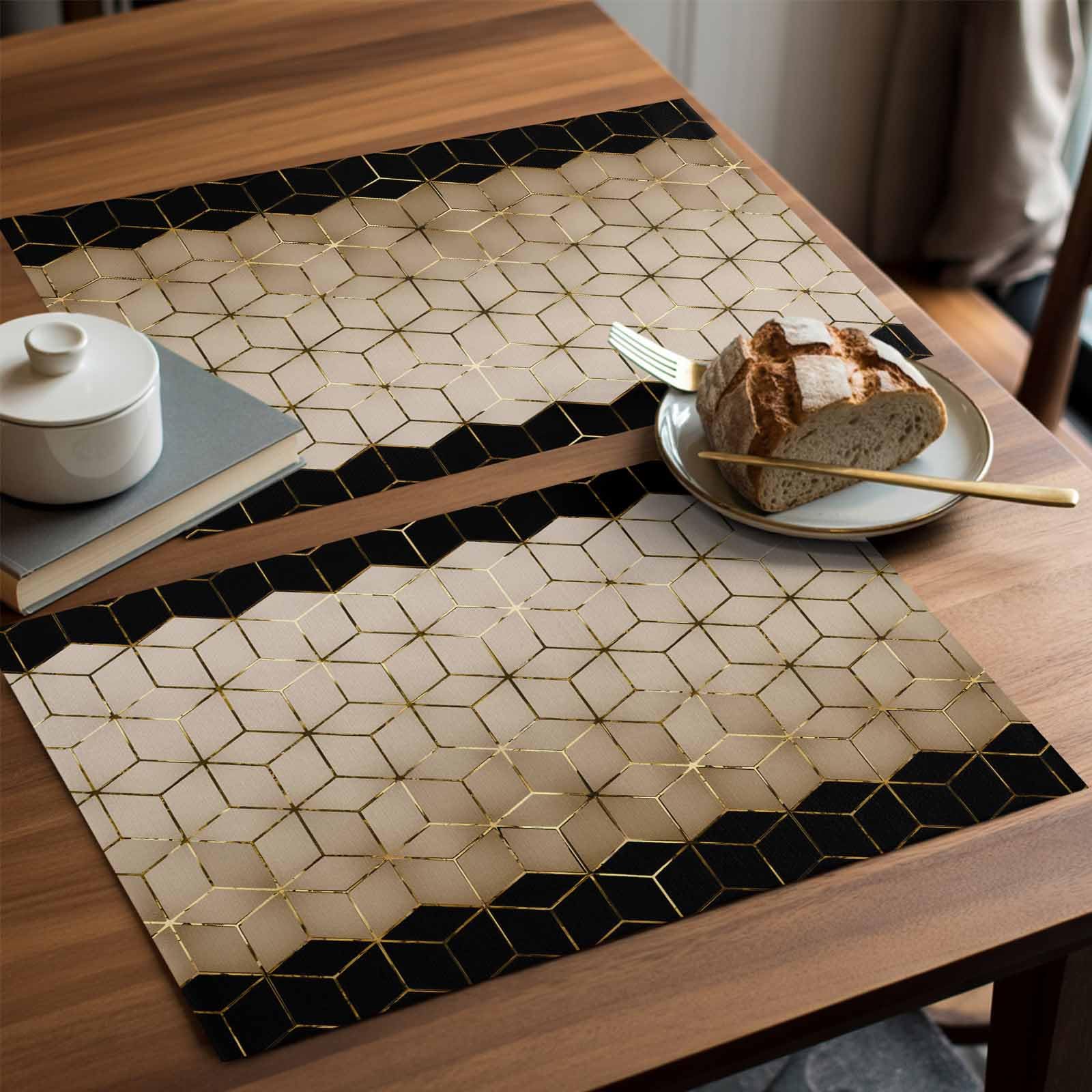 Juego de 6 manteles individuales con patrón geométrico, cubos de arte abstracto, color marrón, negro, dorado, resistentes al calor, antideslizantes, de arpillera, para mesa de comedor, cocina, fiesta,