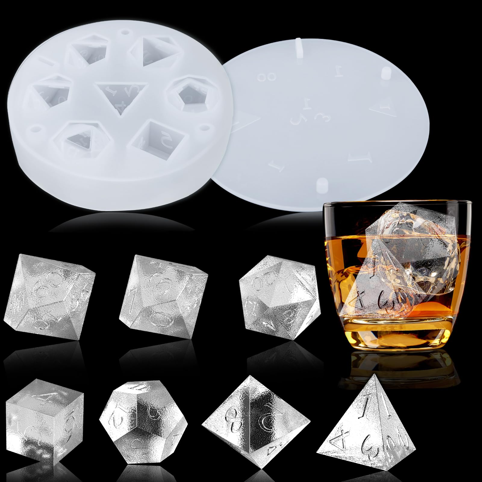 Juome Silicone Ice Cube Tray Molds with 7 Standard Stereoscopic Dice Cavities, Whisky Ice Cubes, DND Accessories, Decor Table Board Game Dice Lovers Gift