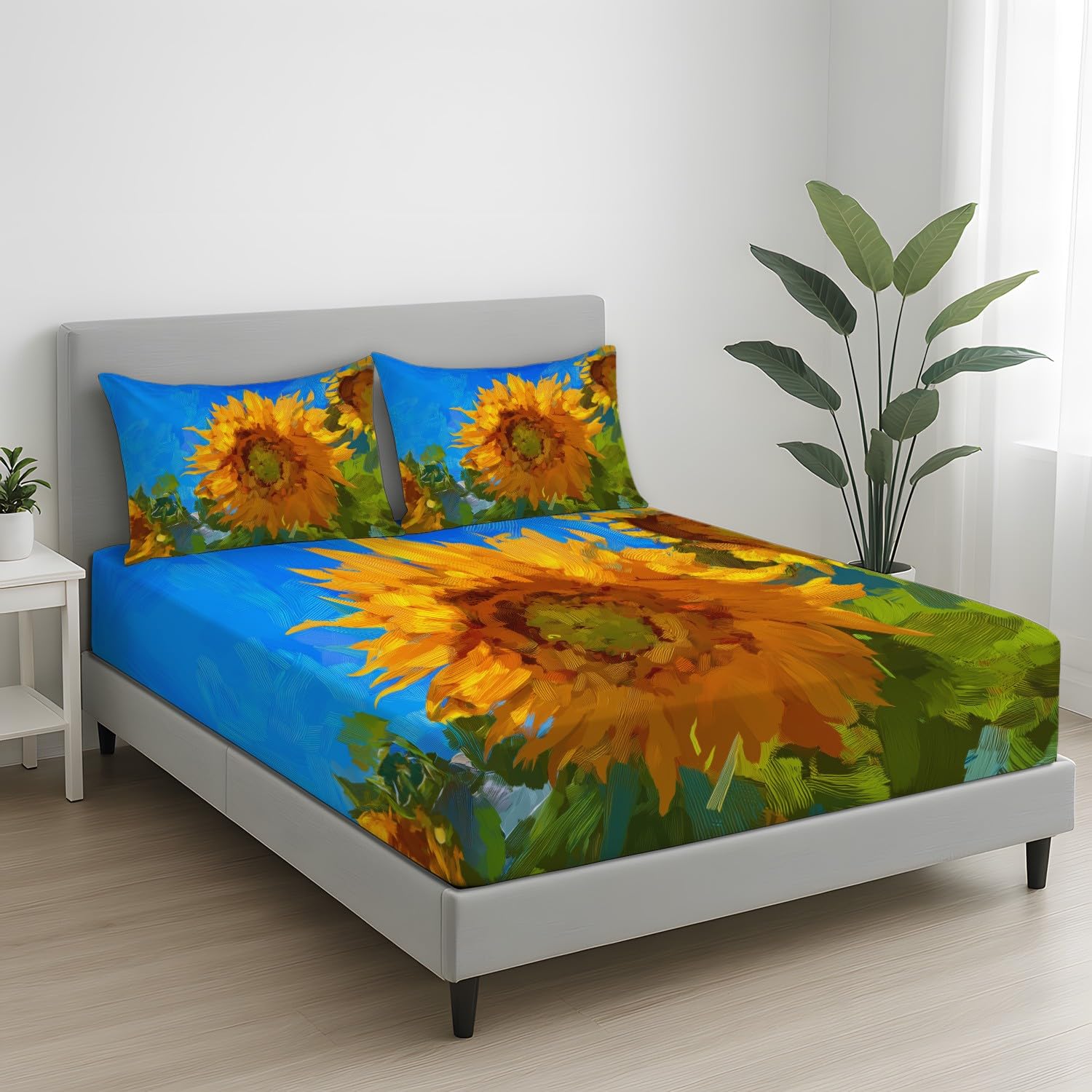 King Fitted Sheets - Bed Sheets Breathable and Luxury Microfibre Bedding Sets 160 x 200 cm, Golden Yellow Sunflowers, Green Foliage Botanical, Vintage Floral, Warm Sunlit, Modern Large Master Bedroom