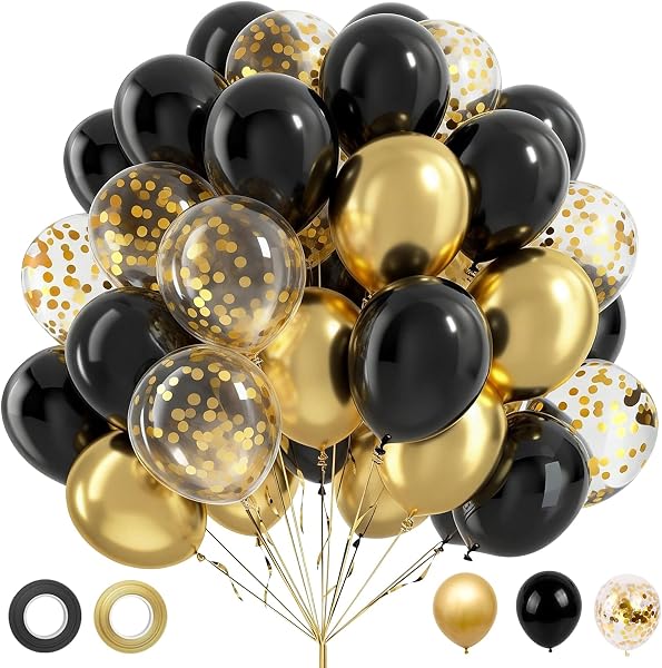 62 Piezas Globos Negros y Dorados,12 Pulgadas Globos de Cumpleaños con Globos Dorados,Negros,Confeti Dorado,Cinta Para Decoración Cumpleaños EID Bautizo Aniversario, Graduación, Año Nuevo - 1