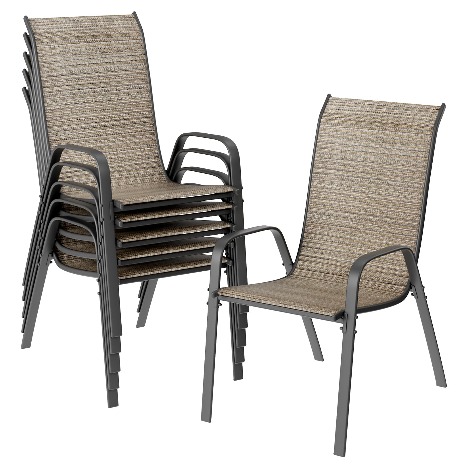 LIFERUN Gartenstühle Stapelstuhl Camping Stapelbar Hochlehner Terrassenstuhl Textilene Stahlgestell für Gärten Innenhöfe Balkone Restaurants 150 kg Belastbar 54 x 69 x 93cm (6pcs, Flachsbraun)