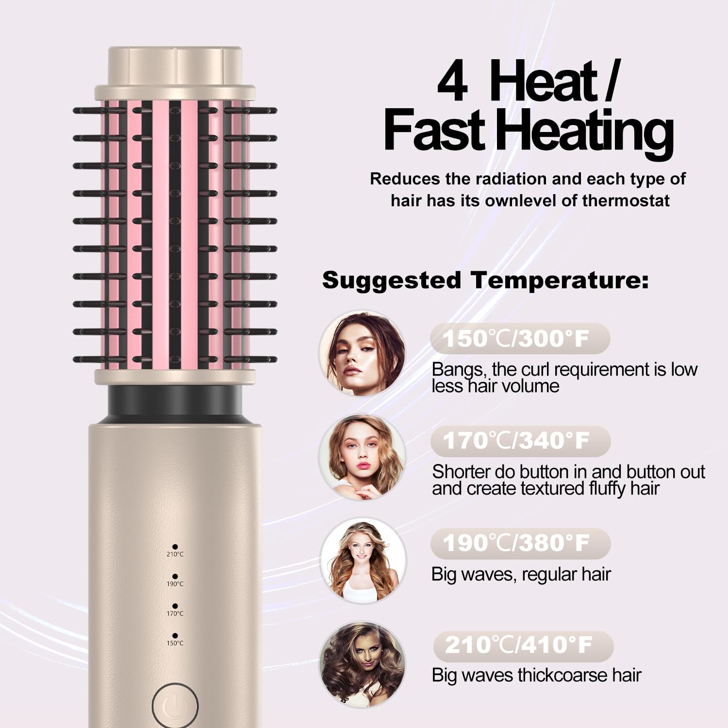 Brosse Thermique sans Fil, Brosse Chauffante Céramique avec 4 Températures Réglables, Portable Rechargeable Fer à Boucler, Brosse Ronde Chauffante pour Coiffante de Voyage