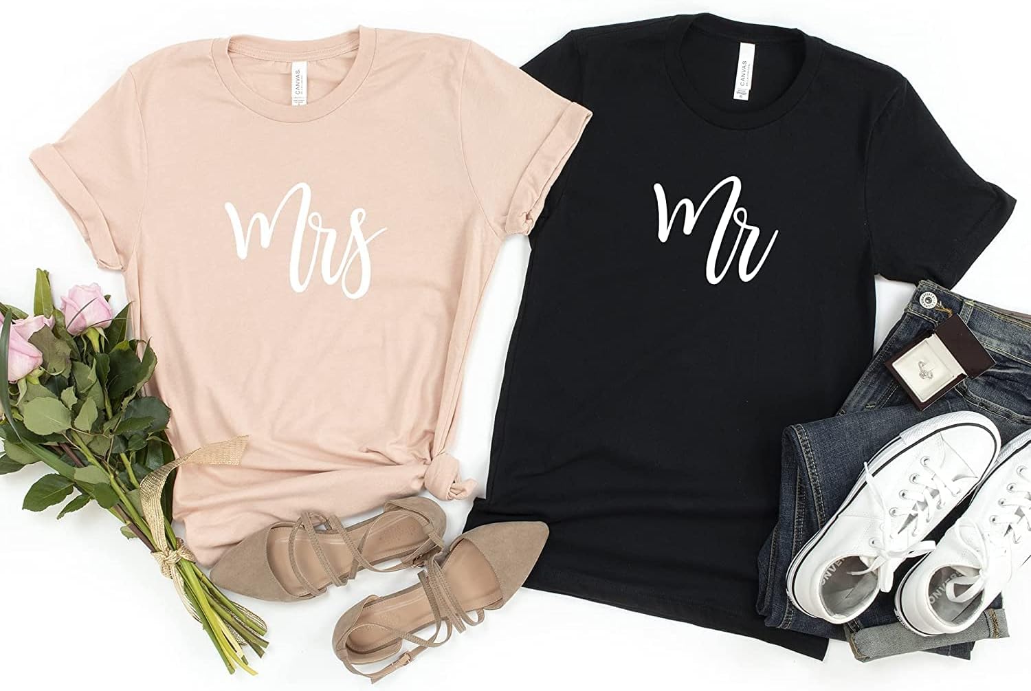 Pink Positive Mr and Mrs T-Shirt | Bride Groom Shirts | Honeymoon Shirts | Couple's Shirts | Wedding Party Shirts White