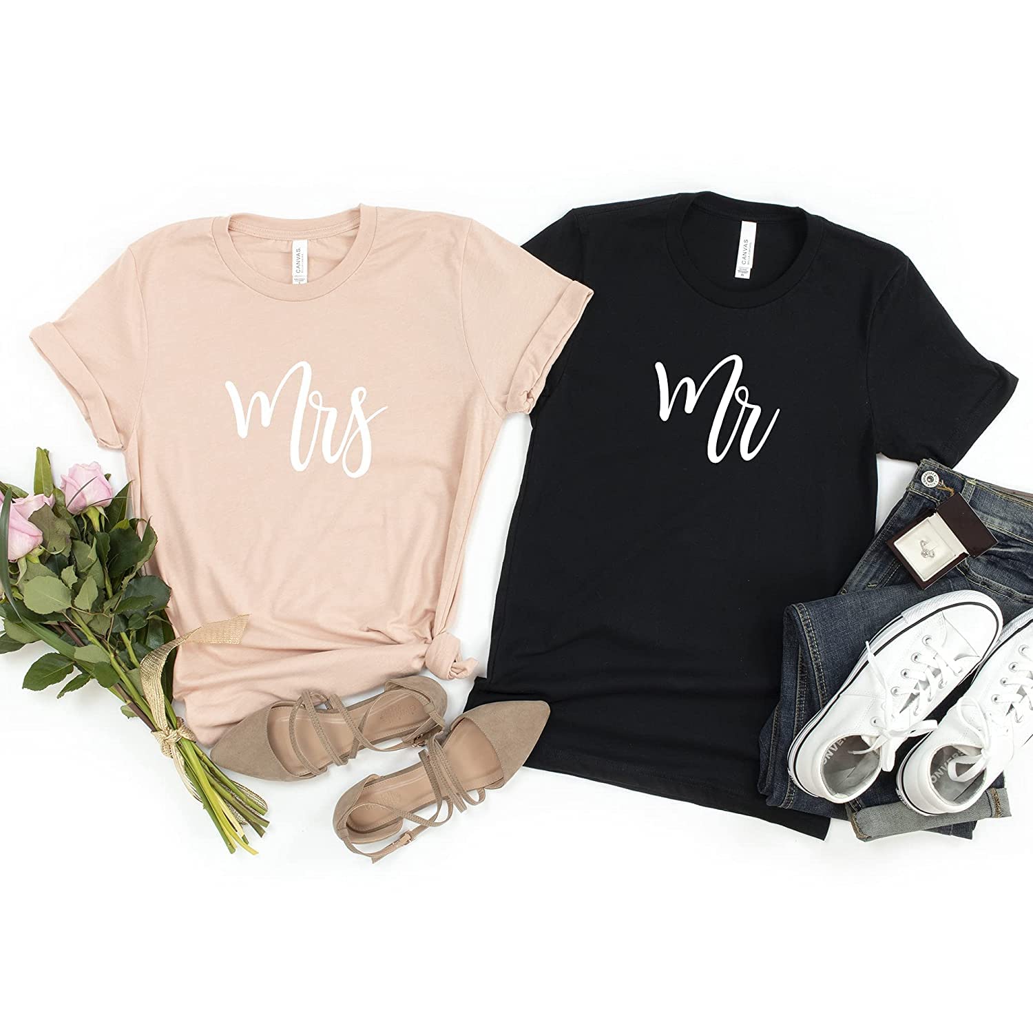 Pink PositivePink Positive Mr and Mrs T-Shirt | Bride Groom Shirts | Honeymoon Shirts | Couple's Shirts | Wedding Party Shirts