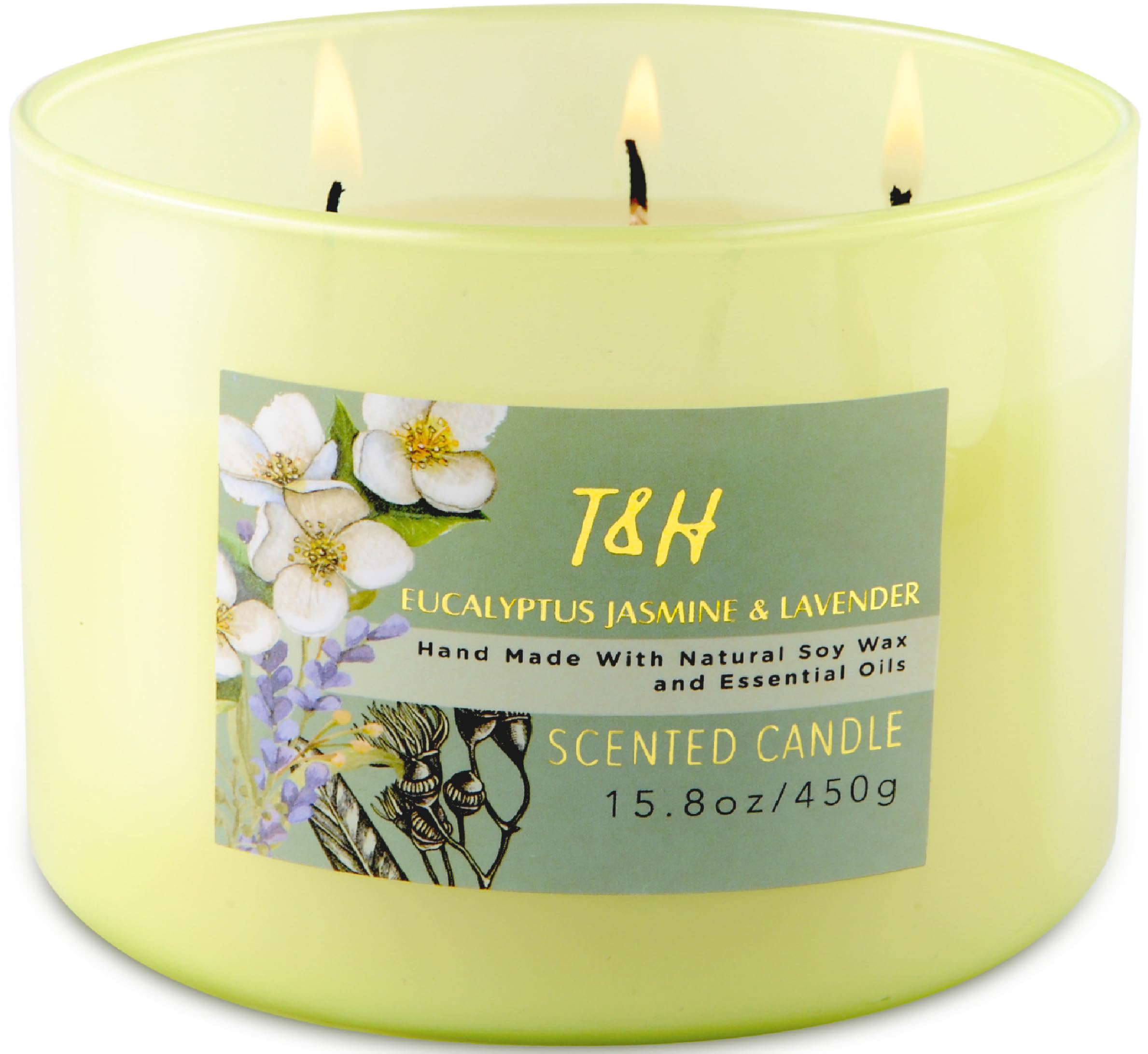 Eucalyptus Jasmine Lavender 3 Wick Candle | Highly Scented Soy Candle for Stress Relief 15.8 oz | Fresh Calming Aromatherapy Candle for Men & Women | Large Clean Burn Lavender Candle for Home
