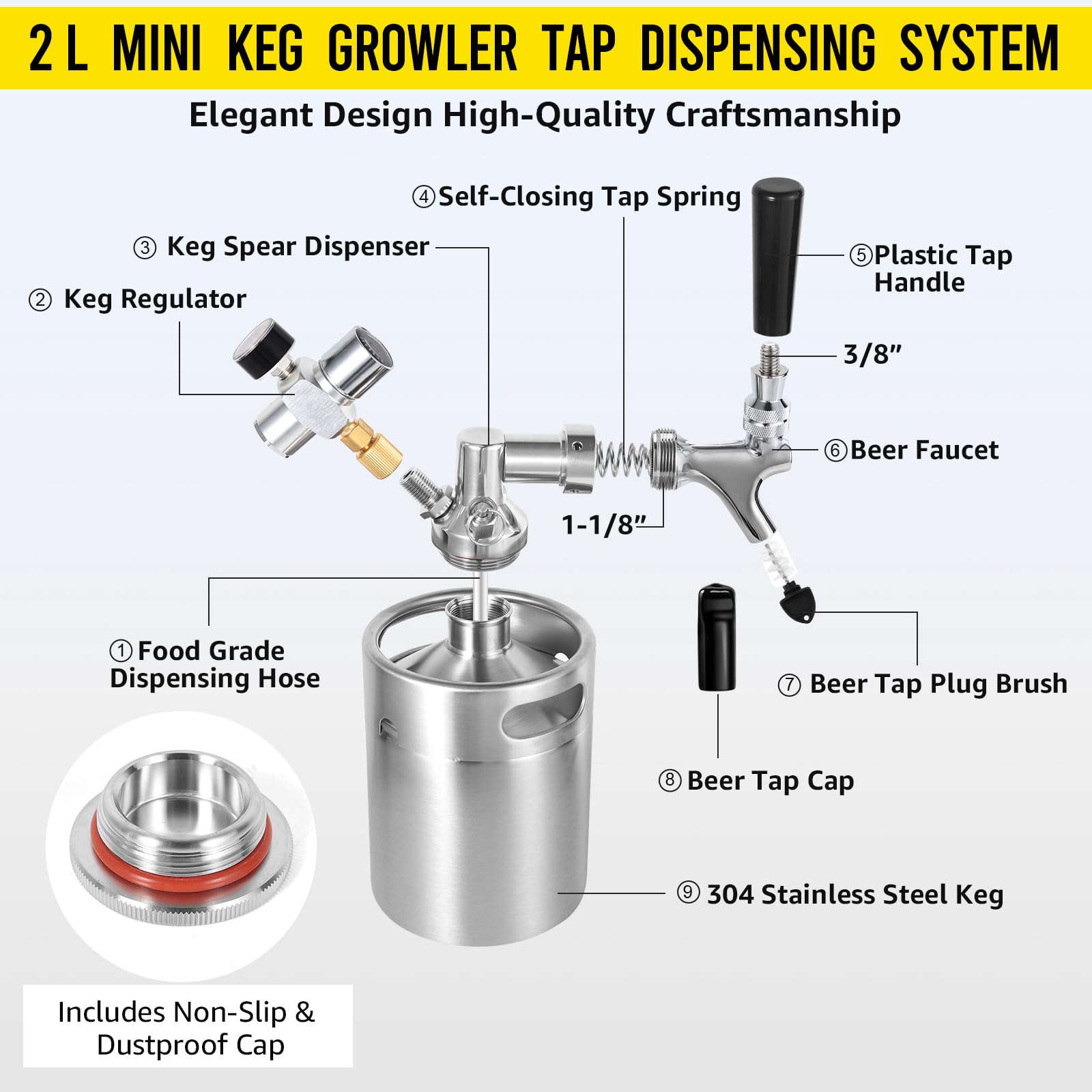 Mini-Bierhahn-Spendersystem, 1,8 l, silberfarben