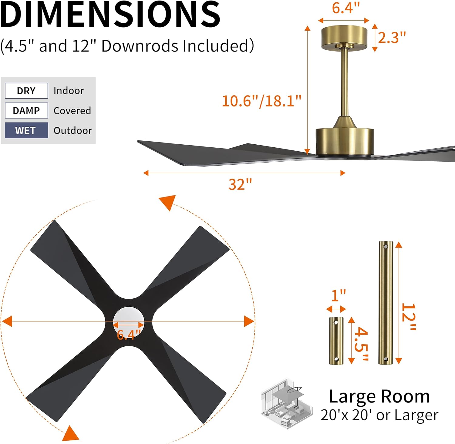 WINGBO 64" Wet Rated Outdoor Ceiling Fan with Lights, 4 ABS Plastic Blades, Reversible DC Motor, 6-Speed Remote Control, 3 CCT, Waterproof Ceiling Fan for Patio Porch Gazebo Garage, Brass and Black