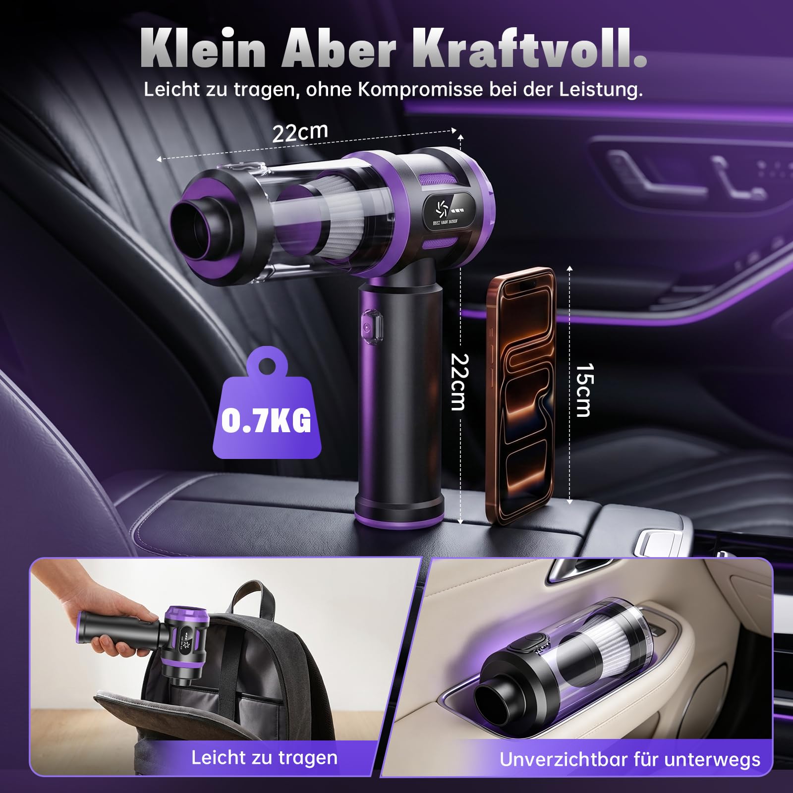Handstaubsauger Akku 27000Pa mit LED-Display, 5-in-1 Kabelloser Autosauger Stark ,Bürstenloser Motor 220000 RPM,3 Stufen Mini Staubsauger mit HEPA-Filter,12 Zubehör für Auto,PC,Sofa,Tierhaare,Notfall