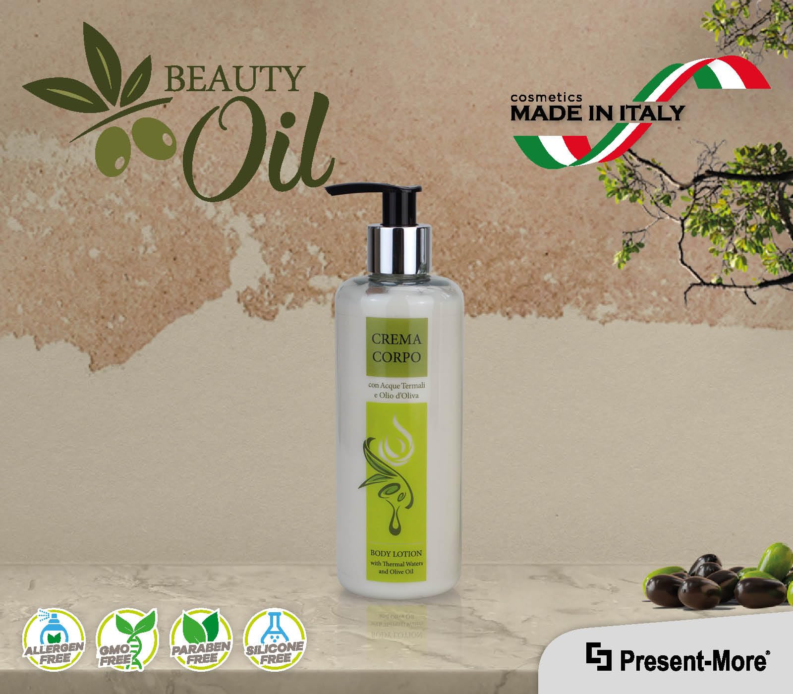 Present-More Body Lotion 300ml Beauty Oil - Körpercreme 15 Stücke für Hotels und B&B | Allergenfreie Körpercreme mit Duftnote Tahitian | Allergenfreie Body Lotion - Duft Tahitian - Made in Italy - Ideal für Hotels und B & B
