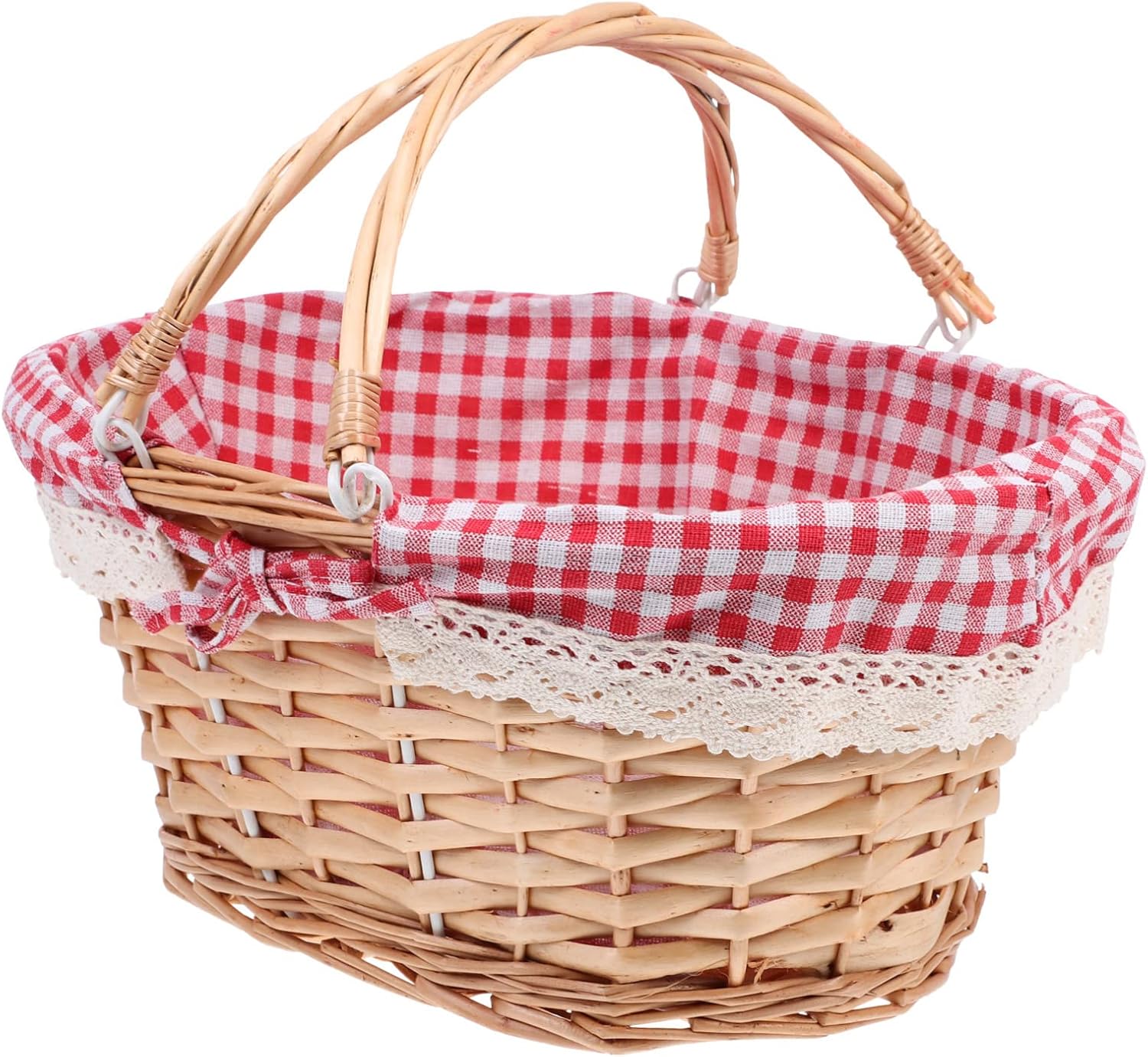 Cabilock Large Wicker Picnic Basket - Wood Basket with Handle & Red Picnic Holder Liner - Woven Easter Holder with Handle for Camping