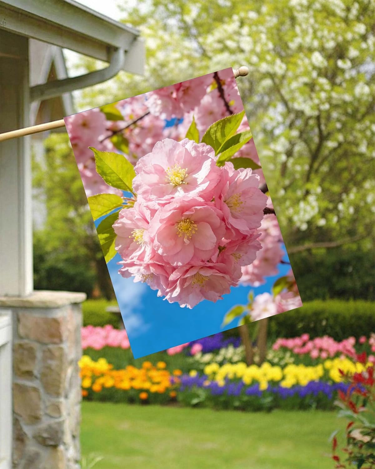 Spring Summer Floral Flowers Pink Japanese Cherry Blossom House Flag 28" x 40" Double Sided Polyester Welcome Large Yard Garden Flag Banners for Patio Lawn Home Outdoor Decor