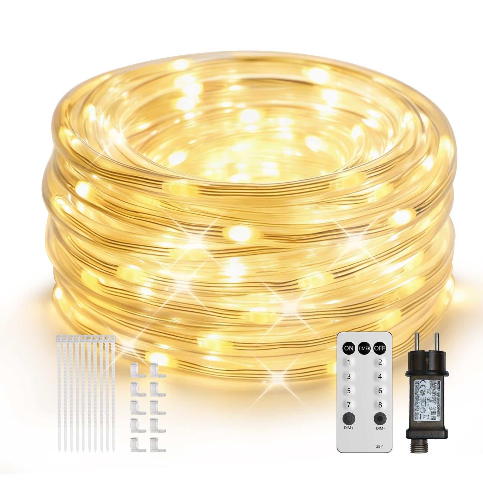 ICRGB Lichtschlauch Außen 10M LED Schlauch Lichterkette Außen Lichtschlauch Outdoor IP67 Wasserfest 8 Modi Dimmbar Fernbedienung Timer Warmweiß Lichterschlauch Aussen Für Innen Außen Party Hochzeit