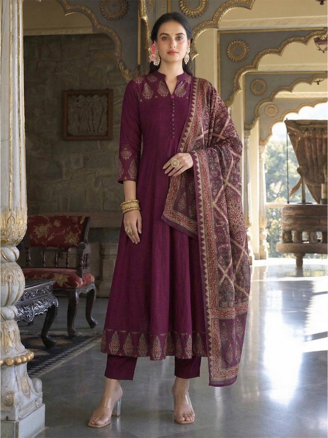ANNI Designer Ensemble kurta pour femme avec imprimé en viscose | Ensemble kurti pour femme | Anarkali Kurta Pantalon Dupatta 3 pièces | Col en V, manches 3/4, coupe régulière, vêtements ethniques