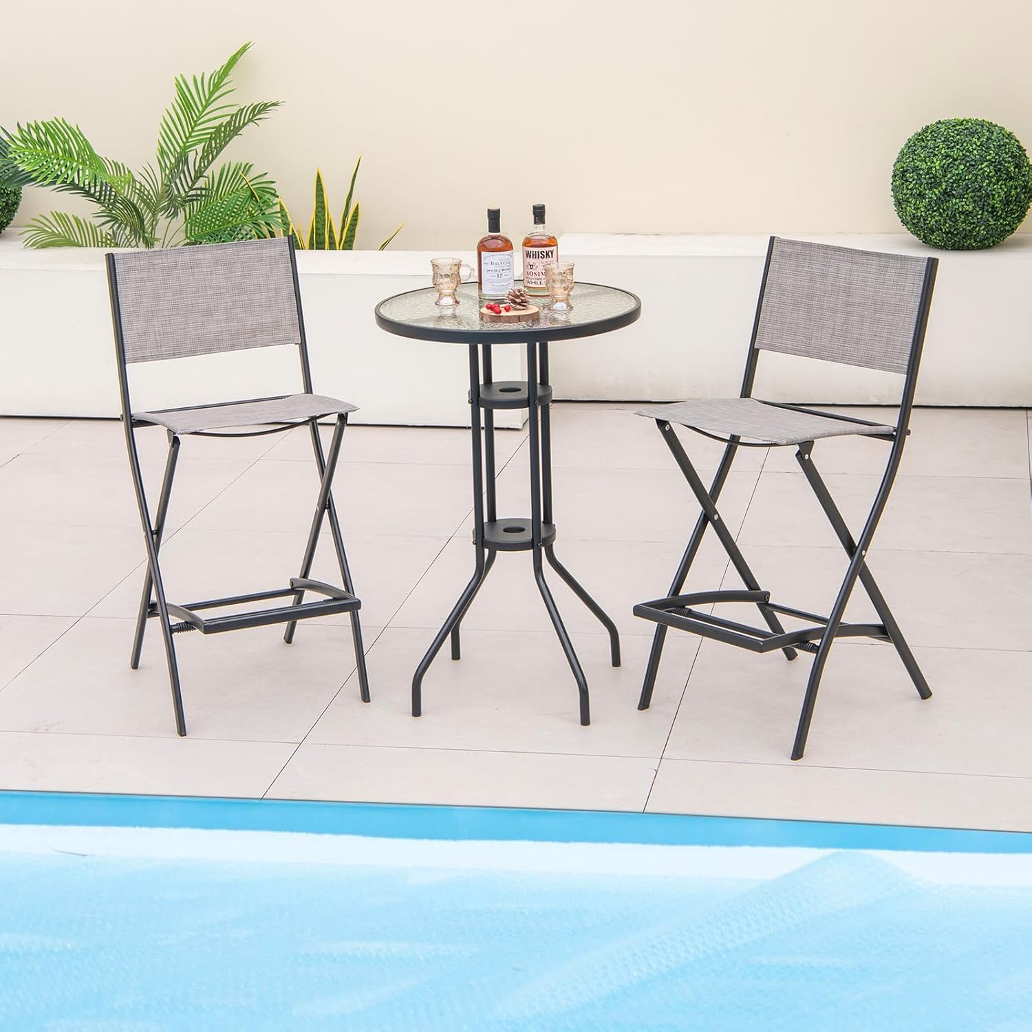 Tangkula Outdoor Barstools Set of 2, Counter Height Folding Bar Chairs with Back and Footrest, Versatile Patio Dining Chairs with Breathable Fabric & Heavy-Duty Metal Frame (2, Brown)