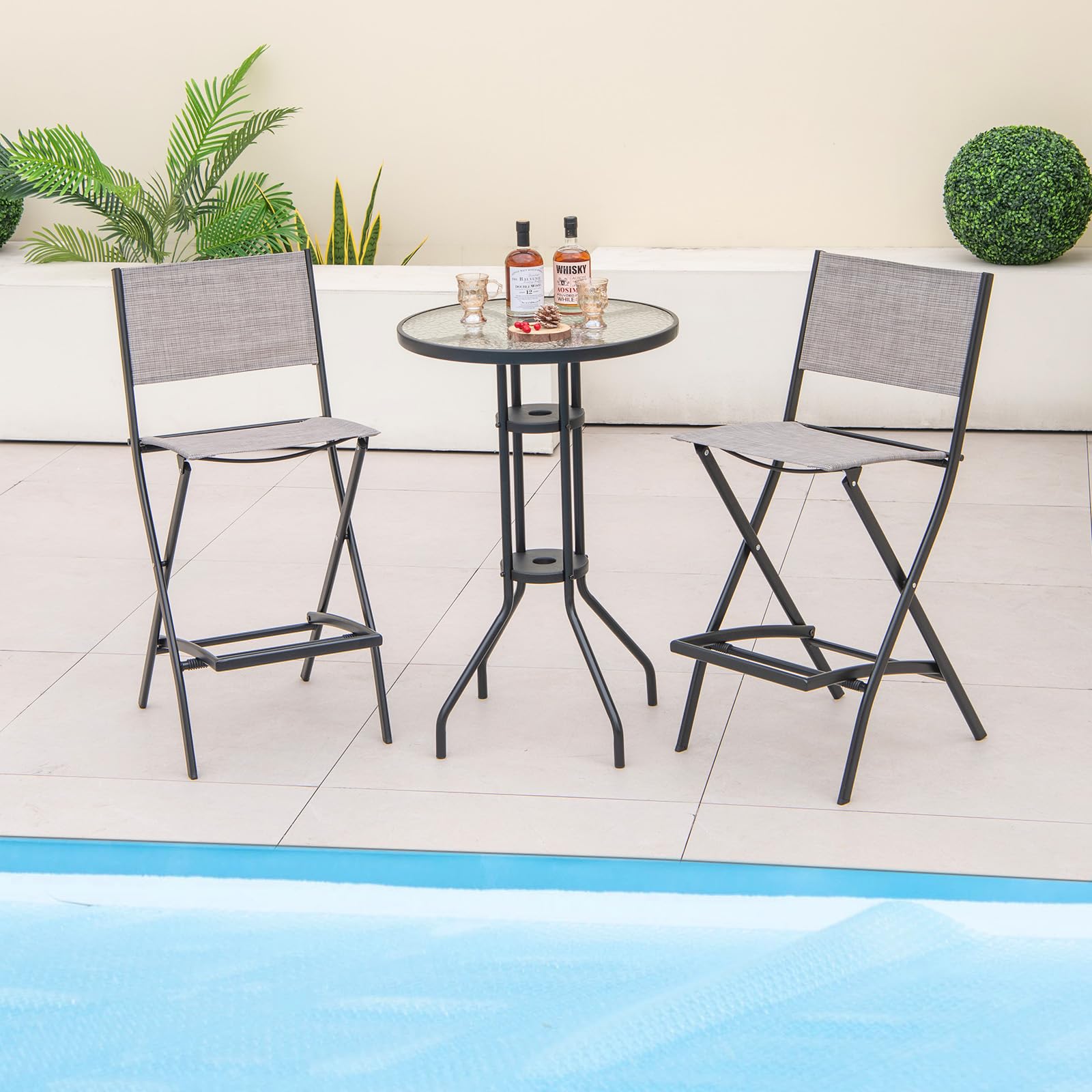 GIANTEX 2 Sedie da Bar Pieghevoli, con Schienale e Poggiapiedi, Telaio Metallico Resistente e Tessuto Traspirante, Ideali per Terrazza e Uso Domestico