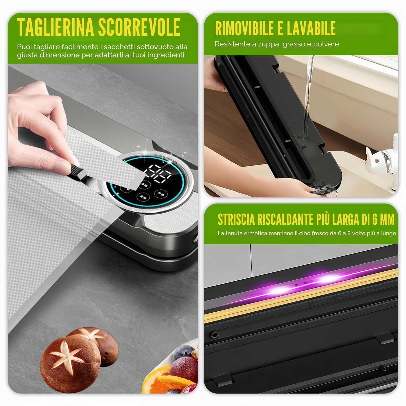 RoserRose Macchina Sottovuoto Alimenti 6 in 1, 75 KPA, 120W con Doppia Sigillatura a Caldo, Modalità Asciutto/Umido, Acciaio Inox 304, con 50 Sacchetti Sottovuoto e 1 Tubo Sottovuoto
