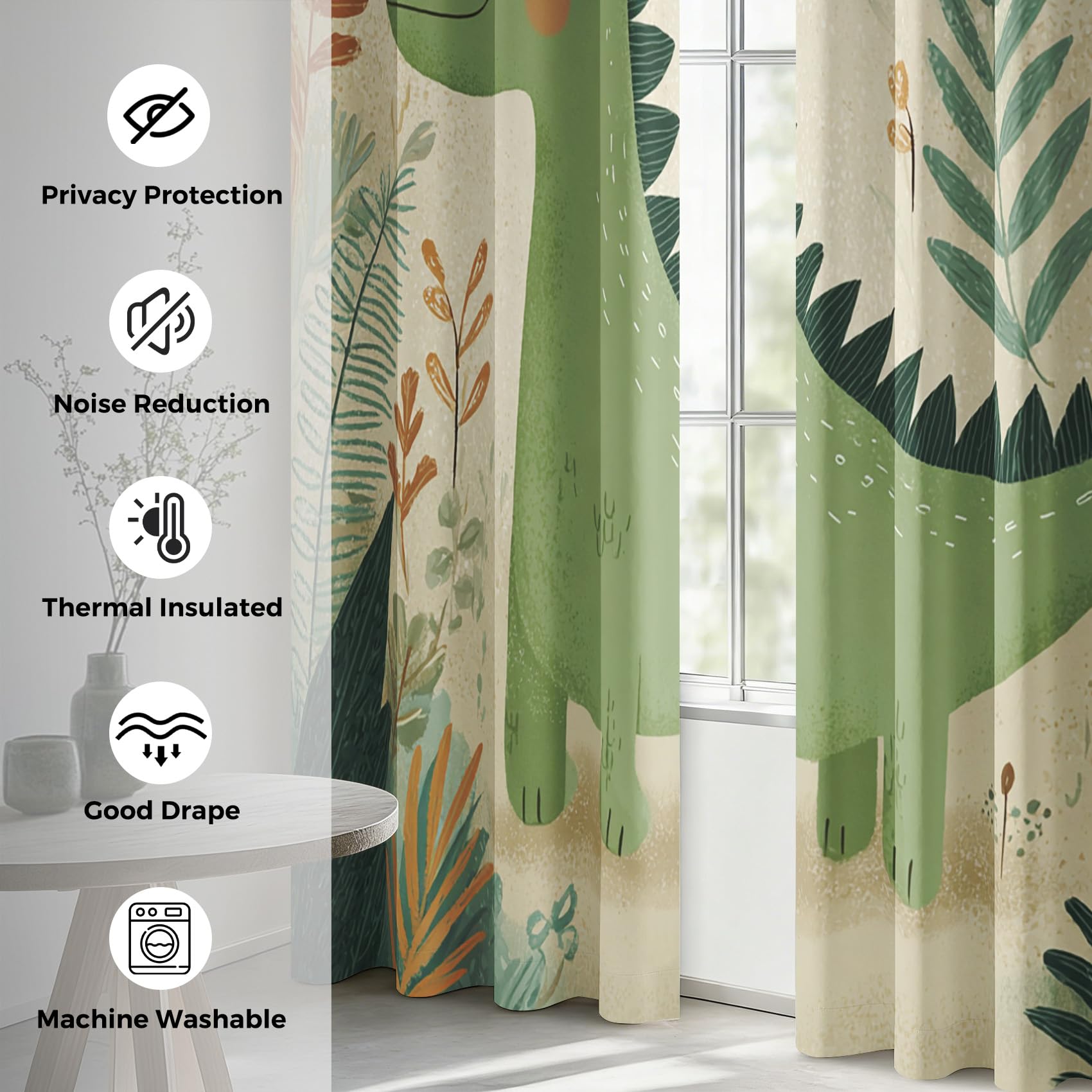 Générique Lot de 2 Rideau Occultant Dinosaure, Rideau Isolant Thermique à Oeillets pour Salon Chambre Cuisine Fenetre, Motif Feuilles Dinosaure Mignon Enfant, 140x220 cm (LxH)