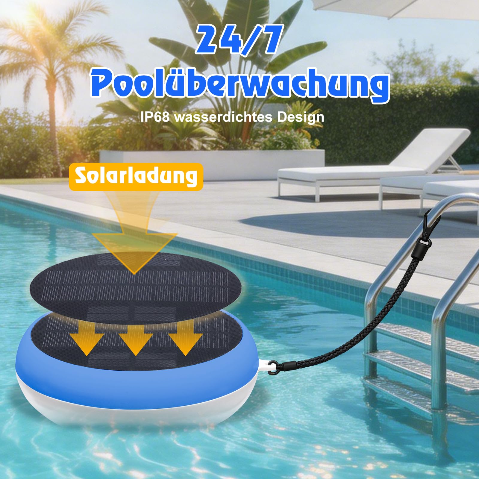 Intelligentes Pool Chlor pH Messgerät, Chlor Monitor mit Solarbetrieb, Digitales pH Salz Messgerät für Salzwasserpools, YINMIK 7 in 1 pH Chlor Salz ORP EC TDS Temp Meter für Außenpool Whirlpool Spa