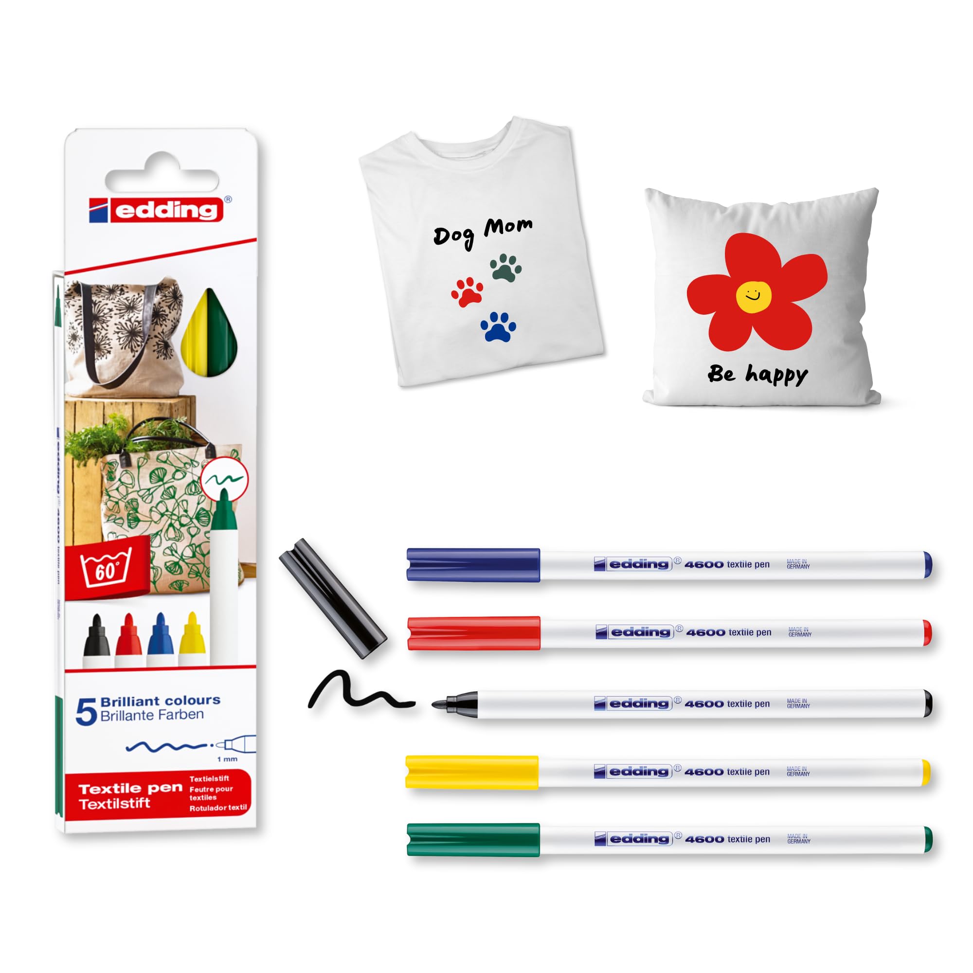 edding 4600 textile markers, black, red, blue, green, yellow – set of 5 – 1 mm round tip, permanent textile markers, washable up to 60 °C