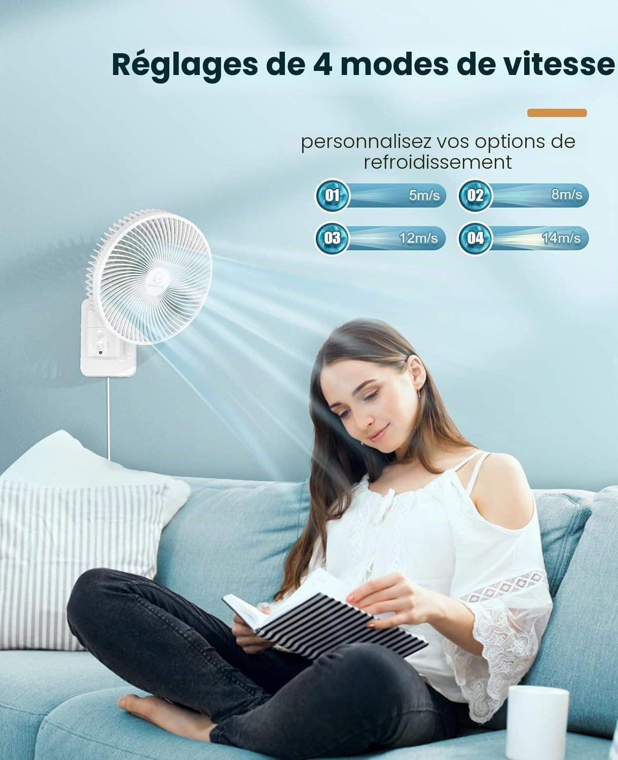 Ventilateur mural oscillant de 20,3 cm avec télécommande, minuterie et 4 réglages de vitesse, inclinaison réglable, cordon de 177,8 cm, ultra silencieux, puissant, 7 lames, facile à nettoyer pour