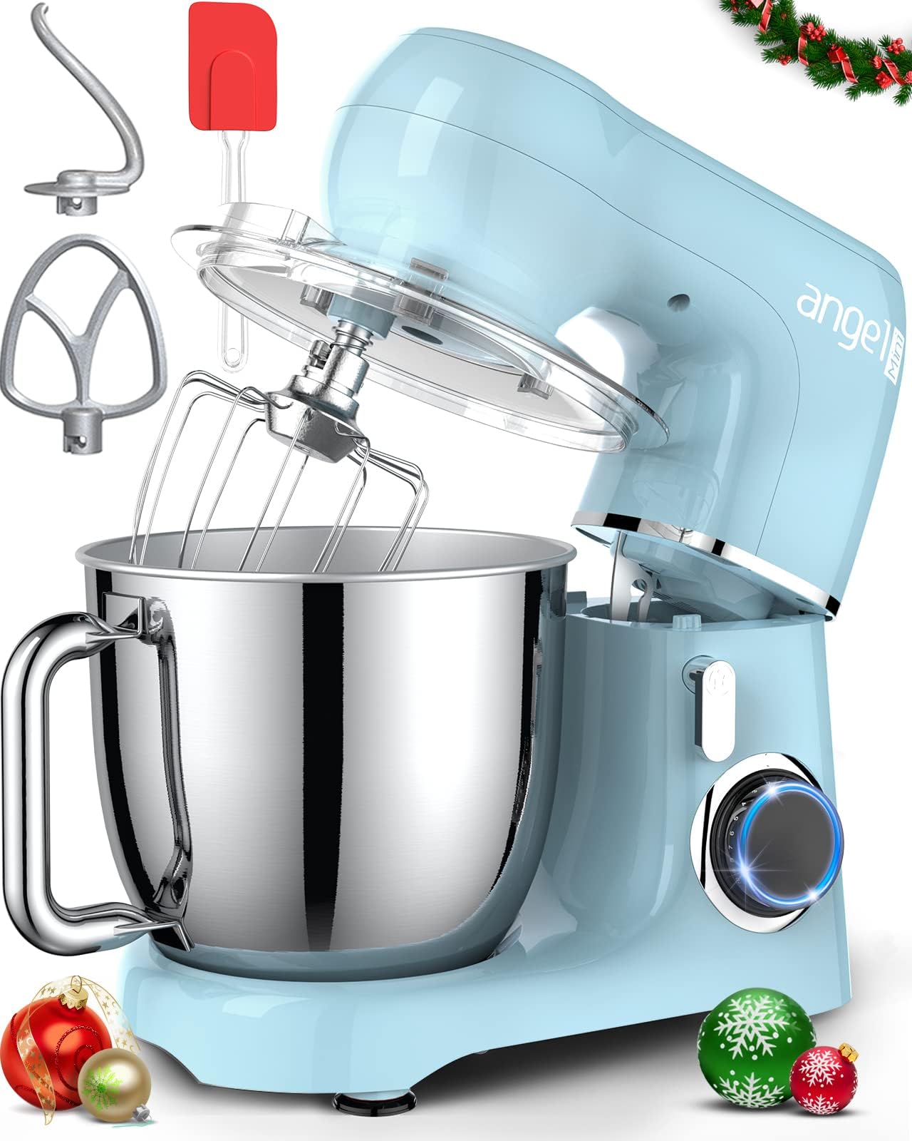 Mini Angel Electric Stand Mixer, 5.5 Quarts, Dough Hook, Flat Beater, Wire Whisk Attachments, 10+P Speeds with Splash Guard, Blue with DIY STICKERS