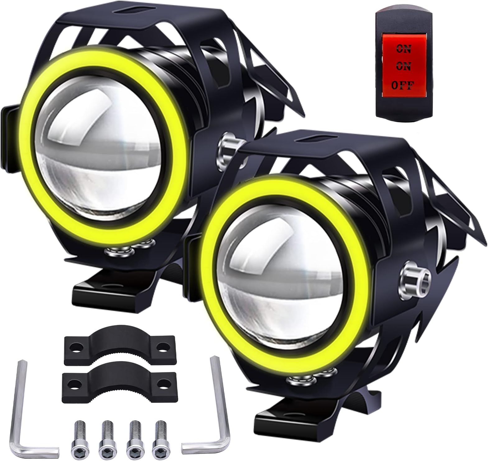 2PCS U7 Motorcycle LED Spot Lights Amber,12V 24V Motorbike Headlight Waterproof Front Motorbike Additional Lights Fog Light for Quad Scooter Car Truck Boat Bike With ON/ON/OFF Switch 22mm
