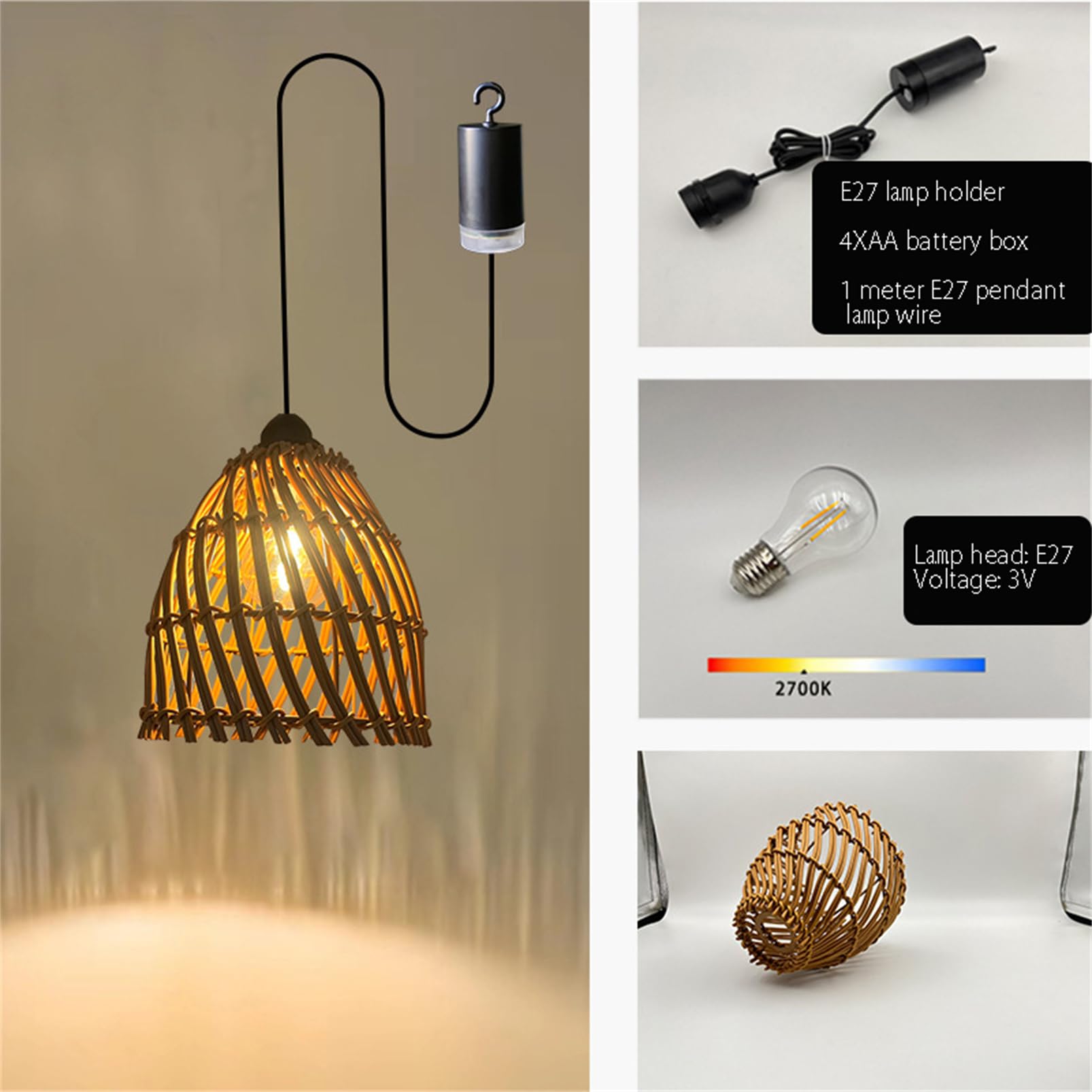 Lampadario a sospensione 'batteria', stile bohémien, per esterni, con telecomando, in rattan bohémien, per gazebo da giardino