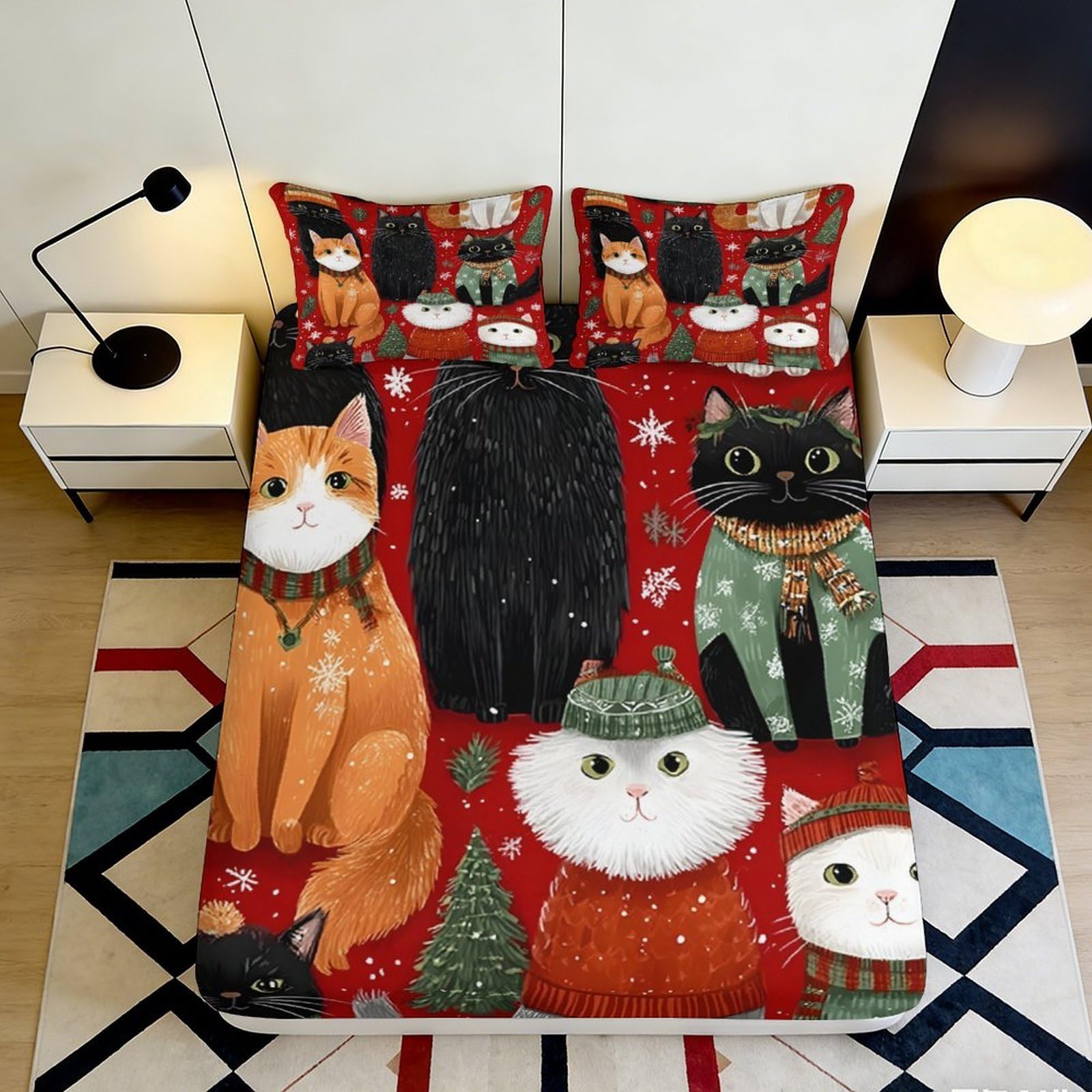 3D Printed Cartoon Cat Fitted Sheet Microfiber Soft Decorative Christmas Tree Bed Cover for Bedroom Guestroom Dorm Protection 90x200x25cm