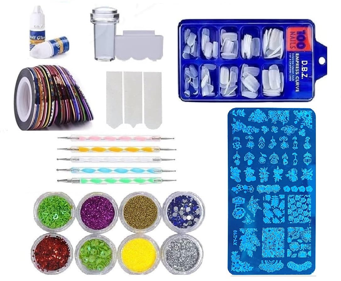 DAZZLEKIT Nail Art Kit with Brush and Dish, ABS Plastic, Wood, Metal and Glass, Multicolour Glitter, Dotting Pens, Stamp Plate, Fake Nails and Nail Tape, Glossy Finish, 150.6 Grams-image-37