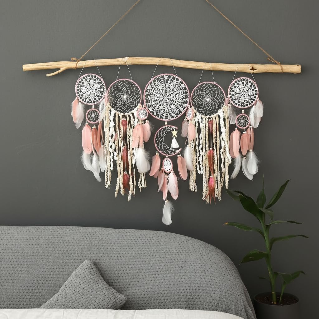 5 Pack Dream Catchers Moon Phase Boho Wall Decor Feather Handmade Traditional Macrame Wall Hanging Dream Catcher for Home, Bedroom, Living Room, Witchy Gifts (Pink Set)