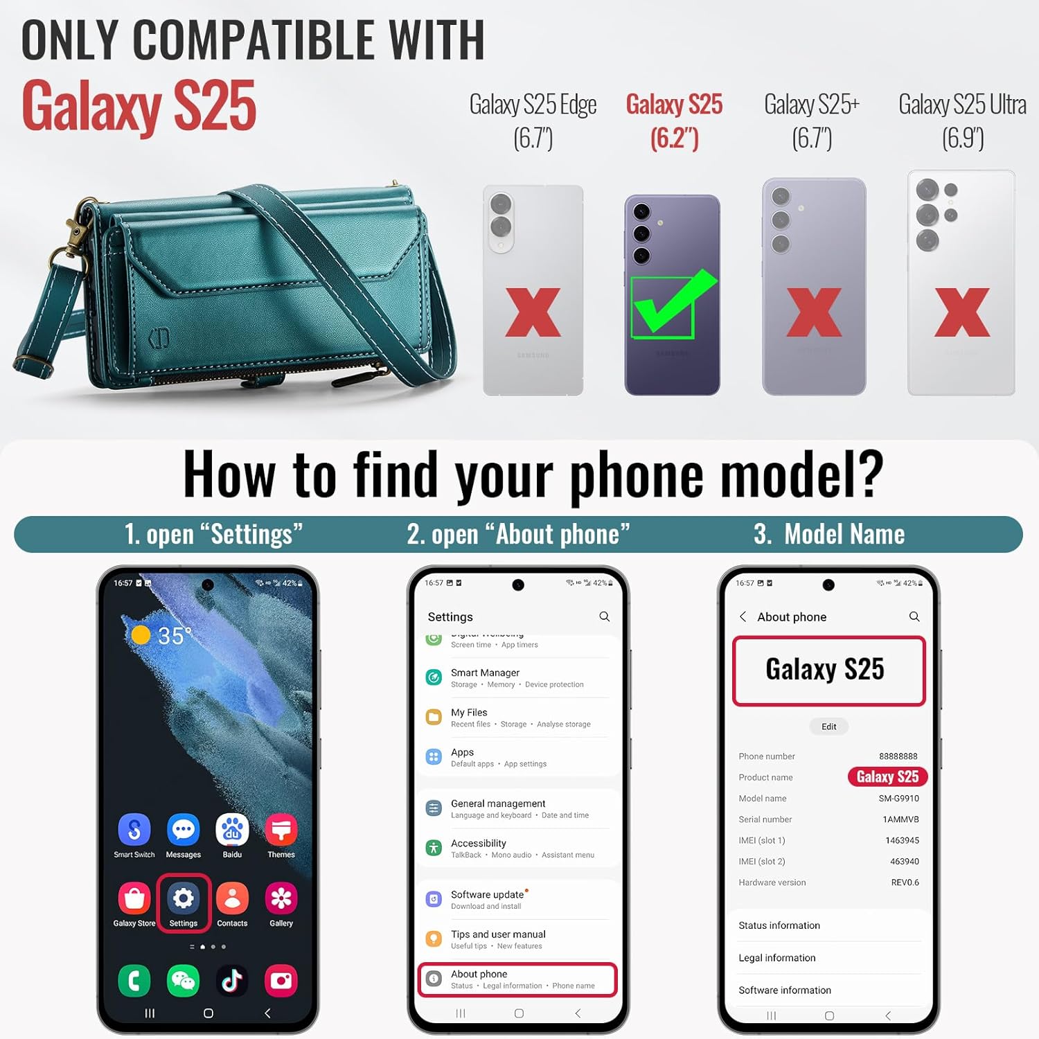 Wallet Case Compatible with Samsung Galaxy S25 5G RFID Blocking Card Holder Soft PU Leather Magnetic Snap Shoulder Strap Zipper Pocket Phone Case Fit for Galaxy S25 - Blue Green - Image 6