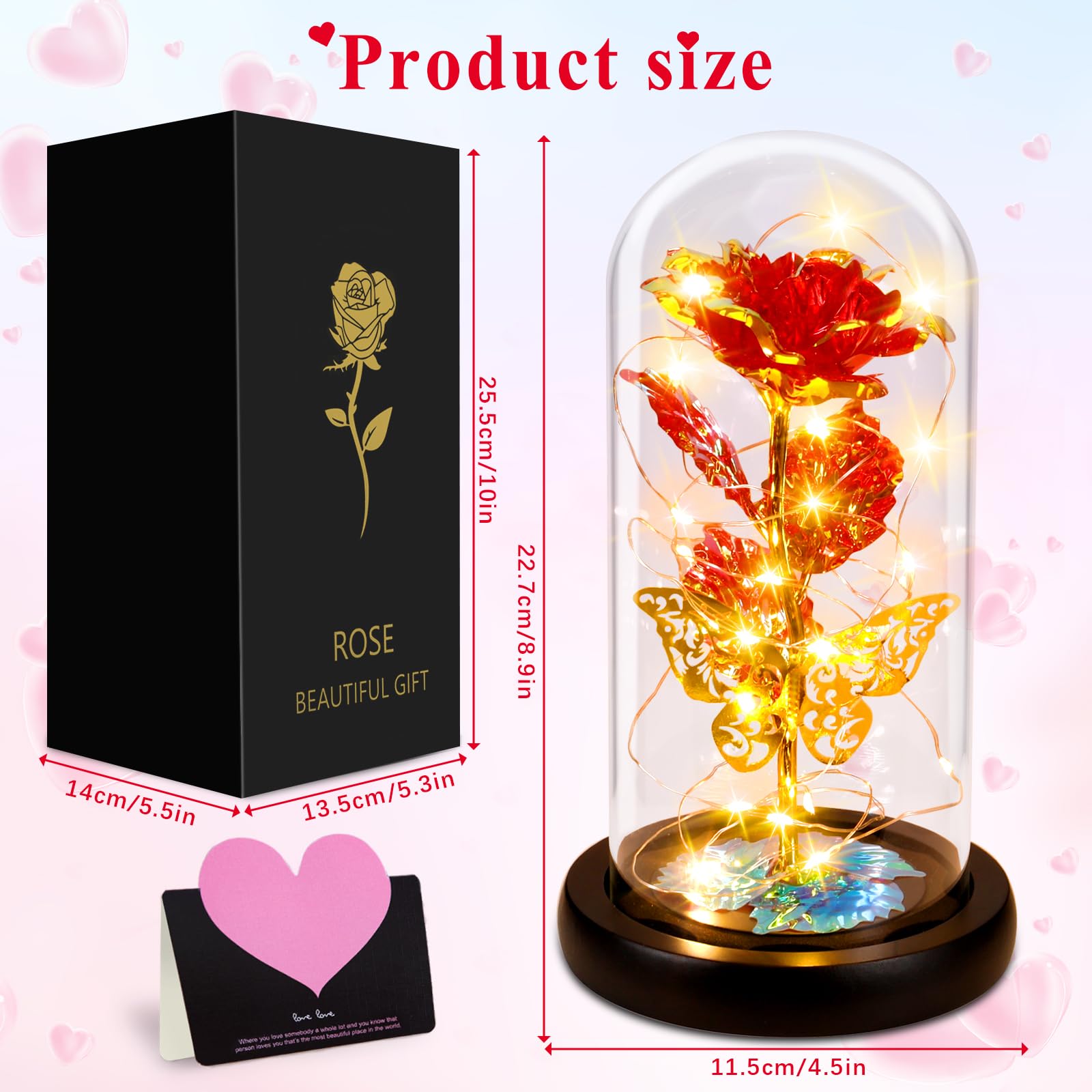 Rose éternelle Sous Cloche Frasheng - Dôme Verre Avec LED, Carte Et Coffret Cadeau, Idée Romantique