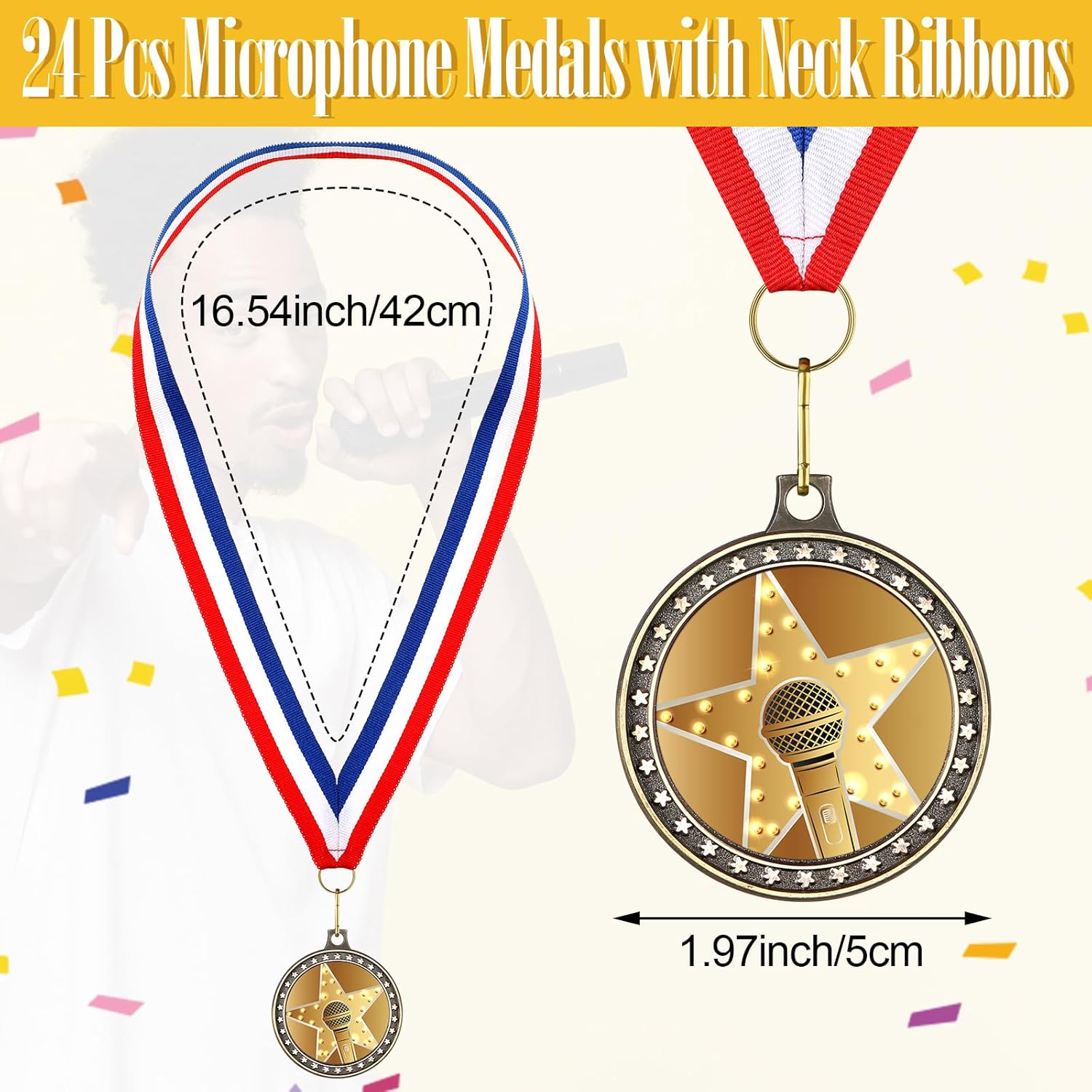 24 Pcs Microphone Music Medals with Neck Ribbons 1.97 Inches Microphone Music Award Trophy for Singing Karaoke Talent Show (Gold)