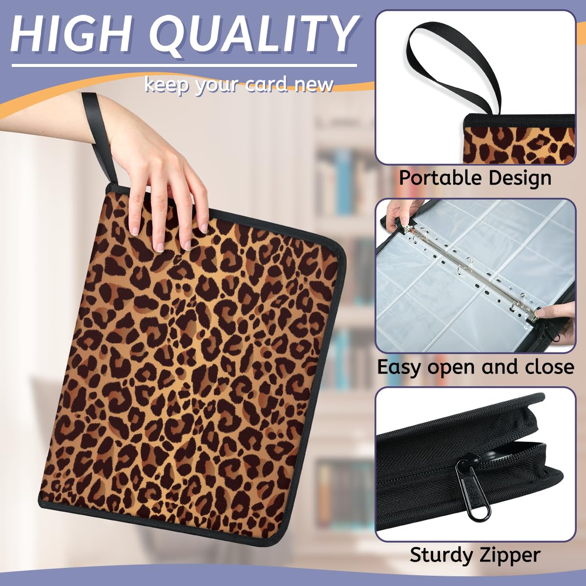 Raccoglitore per carte collezionabili con 9 tasche con stampa leopardata, raccoglitore per carte con stampa leopardata, con maniche rimovibili, impermeabile, con cerniera, 50 pagine, capacità 900