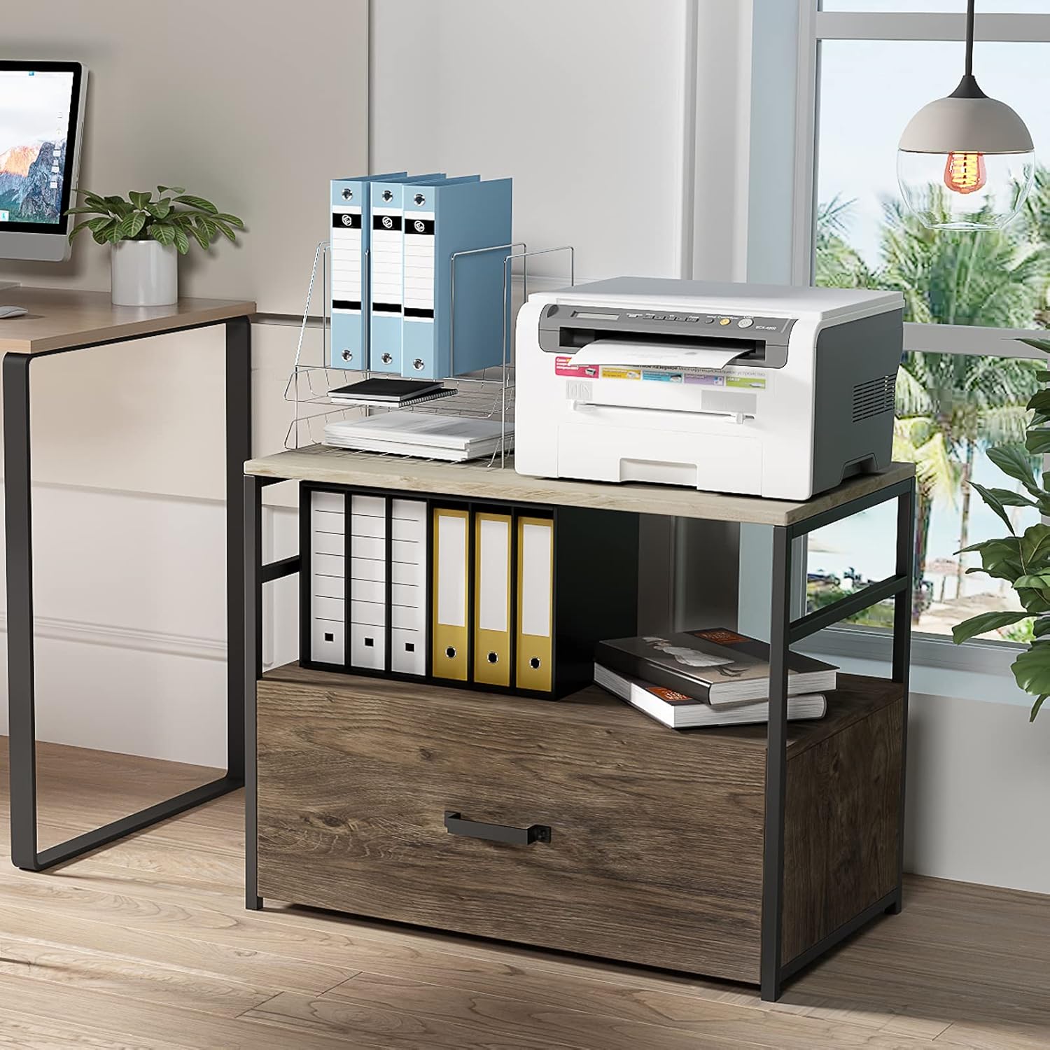 GREATMEET Wood Lateral File Cabinet with 1 Drawer, Office Printer Stand with Storage Shelves,Lateral Filing Cabinet for Letter,Legal,A4 Size, 30.3" L x 18.5" W x 25" H,Rustic Gray/Charred Wood : Office Products