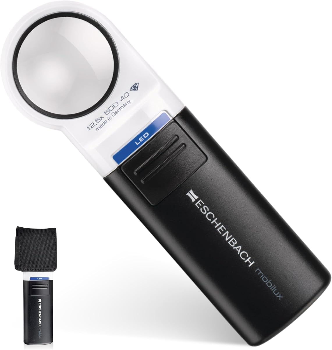 Eschenbach Mobilux LED Handheld Magnifier, 12.5X, 30 mm, 50D | High-power aspheric PXM lens for very fine details; bright LED illumination, protective cover and standard AA battery power