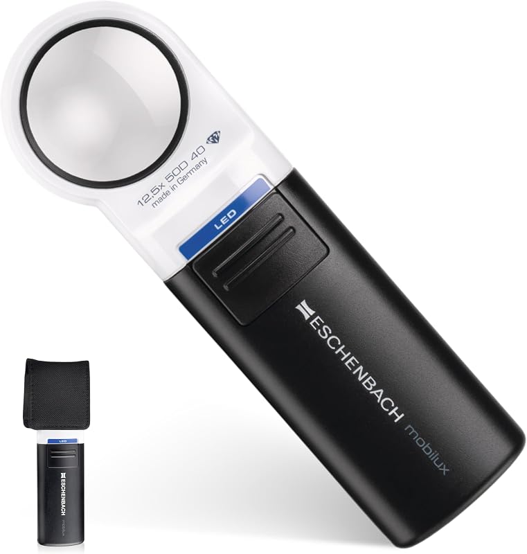 Eschenbach Mobilux LED Handheld Magnifier, 12.5X, 30 mm, 50D | High-power aspheric PXM lens for very fine details; bright LED illumination, protective cover and standard AA battery power