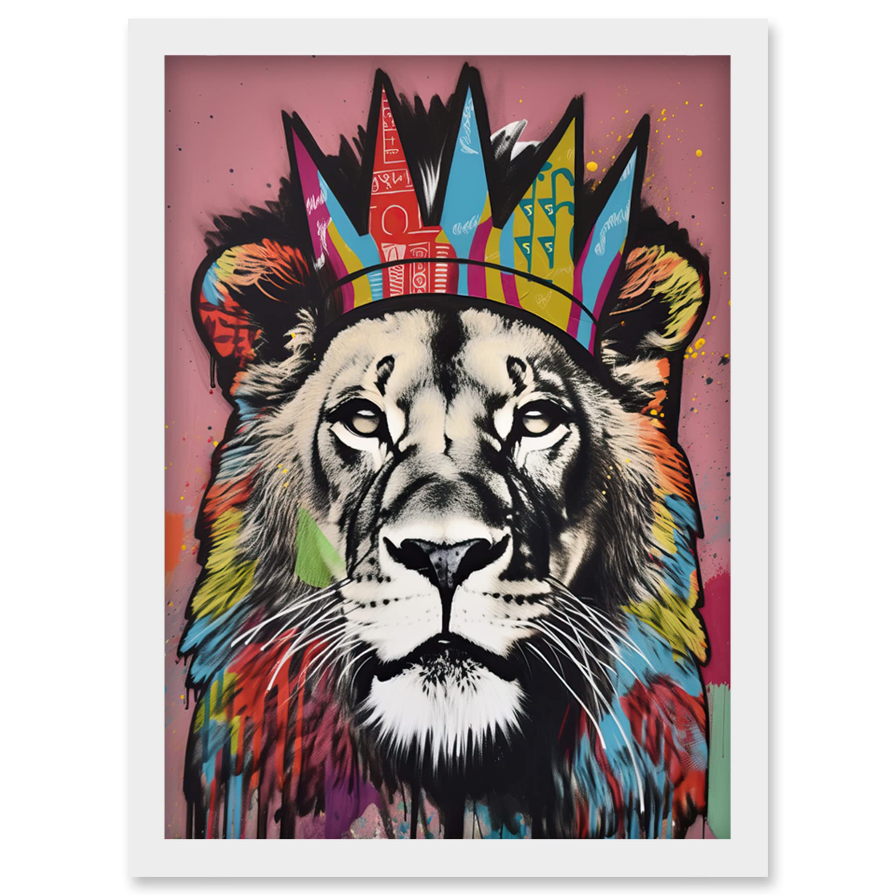 Artery8 Lion with Crown King of the Jungle Modern Pop Art Artwork Framed Wall Art Print A4