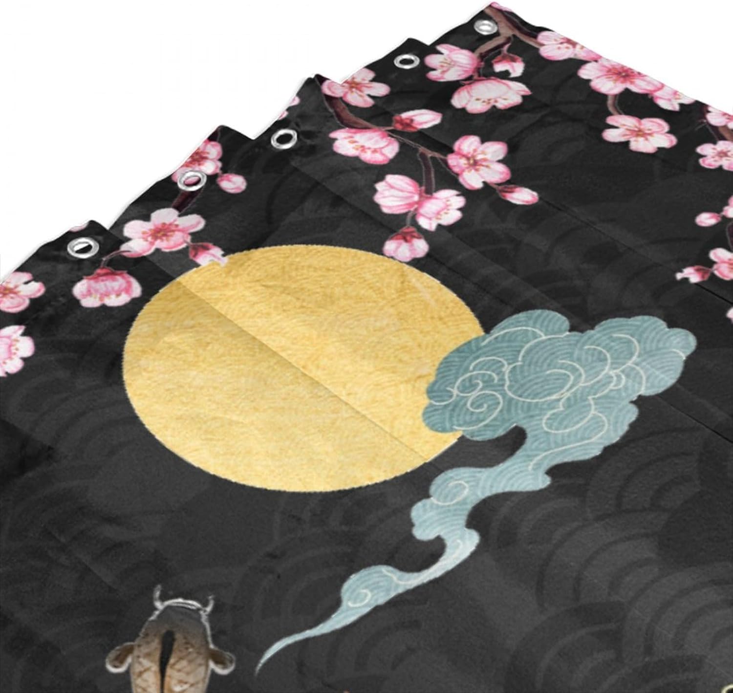 Koi Fish Shower Curtain,Japanese Style Wave Pink Cherry Blossom Print Shower Curtain for Bathroom Decor Asia Oriental Theme Fabric Waterproof Upholstery Hook 72x72inch