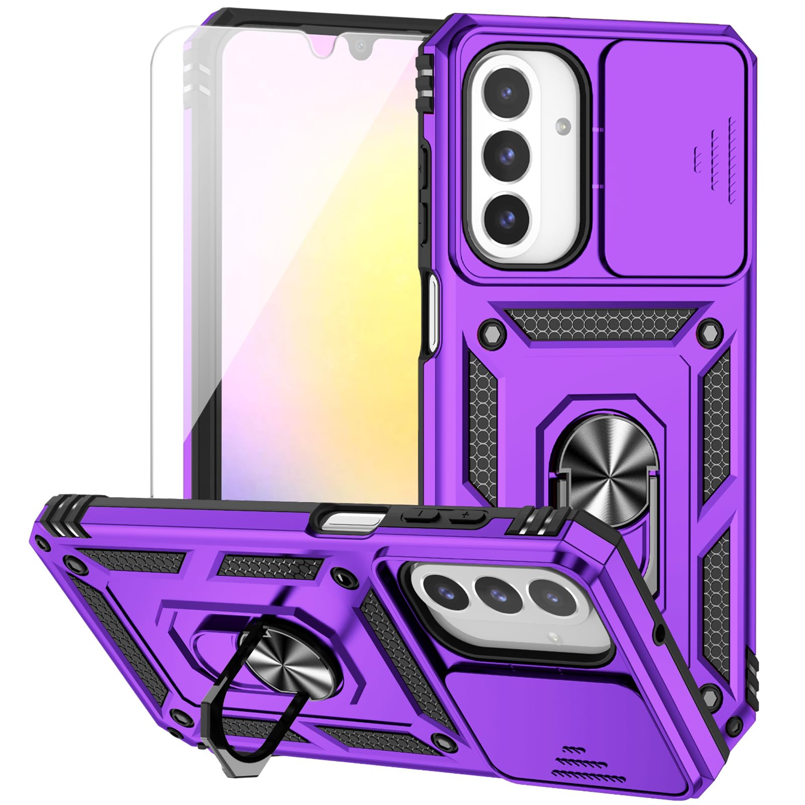 for Samsung Galaxy A26 5G Case with Camera Lens Cover HD Screen Protector, Dual Layer Military-Grade Drop Tested Magnetic Ring Holder Kickstand