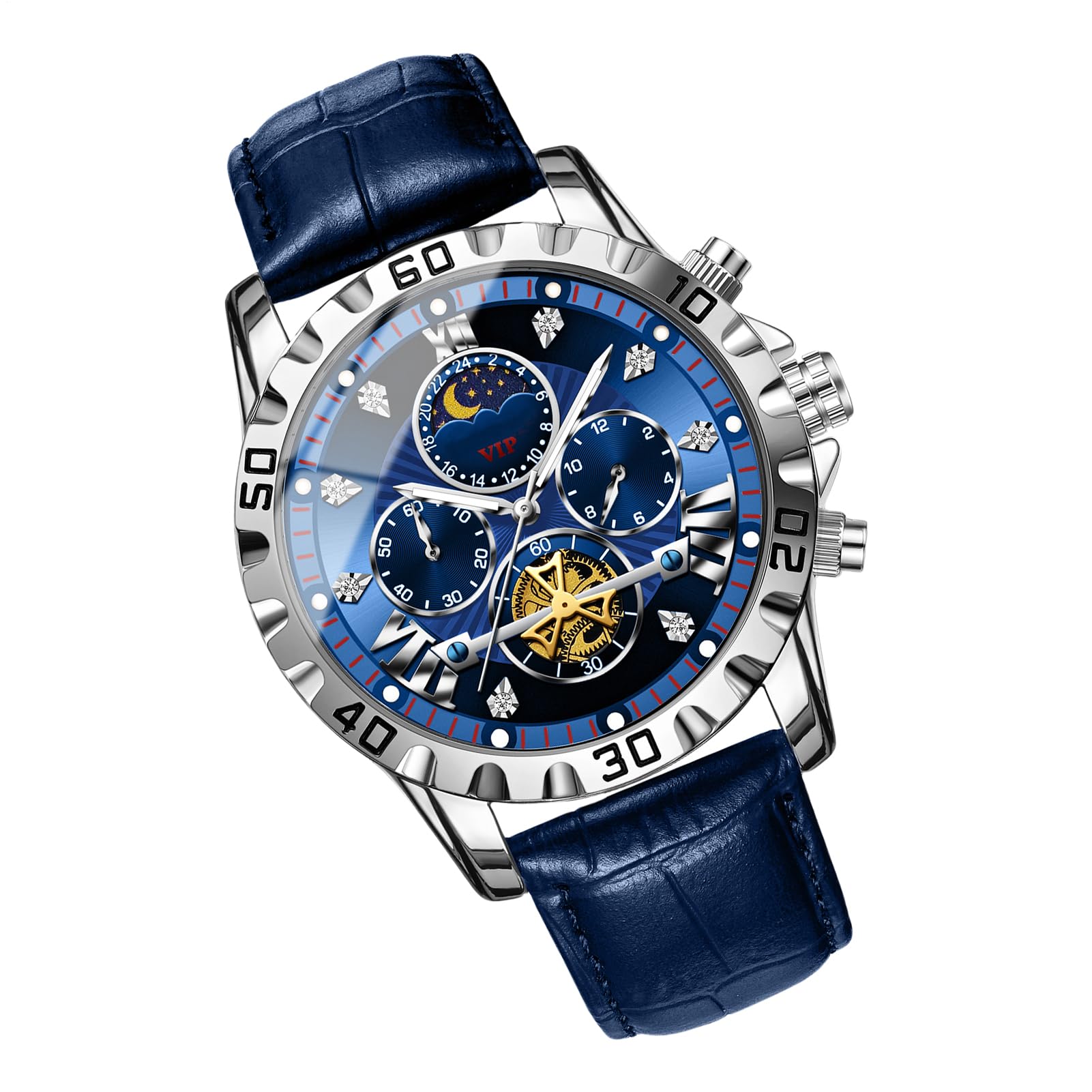 Orologio Meccanico Automatico Da Uomo – Cronografo Sportivo Militare Classico | Quadrante Analogico Luminoso Impermeabile Con Fasi Lunari, Cinturino In Pelle PU Orologio Da Polso Da Lavoro Per Escursi