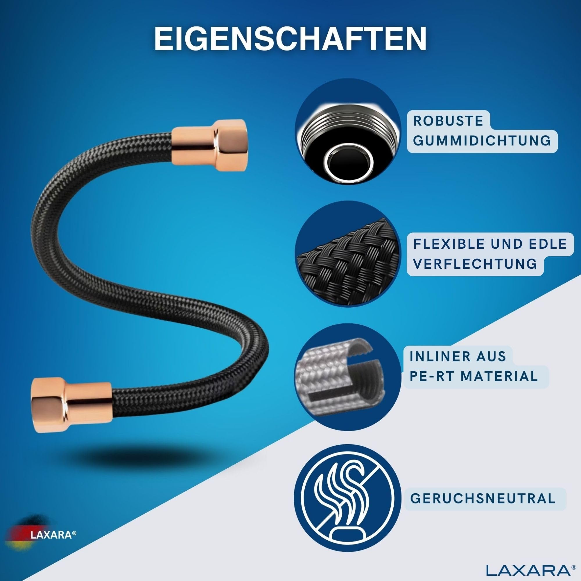 LAXARA DVGW Premium Coloured Flex Hose Black and White 3/8 Inch to 1/2 Inch Nut on Both Sides in Selectable Styles (3/8 Inch Black - Image 3