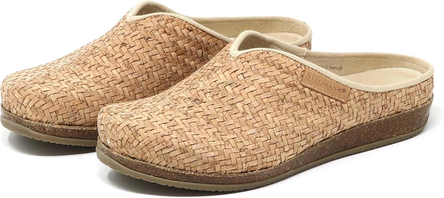 Stegmann Women's Maria Woven Cork Mule – Lightweight Natural Cork Basket-Weave Upper, Canvas-Lined Removable Arch Support Insole, Wide Toe Box Summer Clog – Medium Width