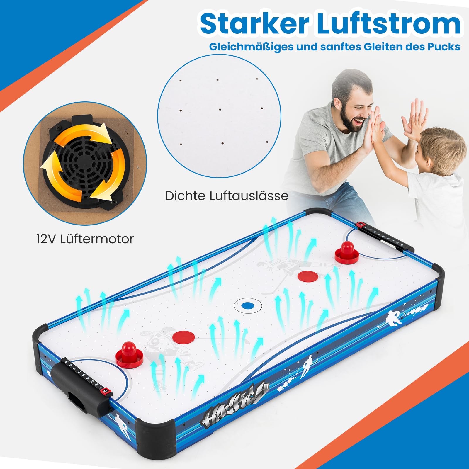 COSTWAY Airhockey Tisch, 100 x 50 cm Air Hockey Spieltisch mit 12V Motor, 2 Pucks & 2 Schieber, Lufthockey elektrisch, Tischhockey für Kinder Erwachsene, Eishockey für Zuhause, Spielzimmer, Büro