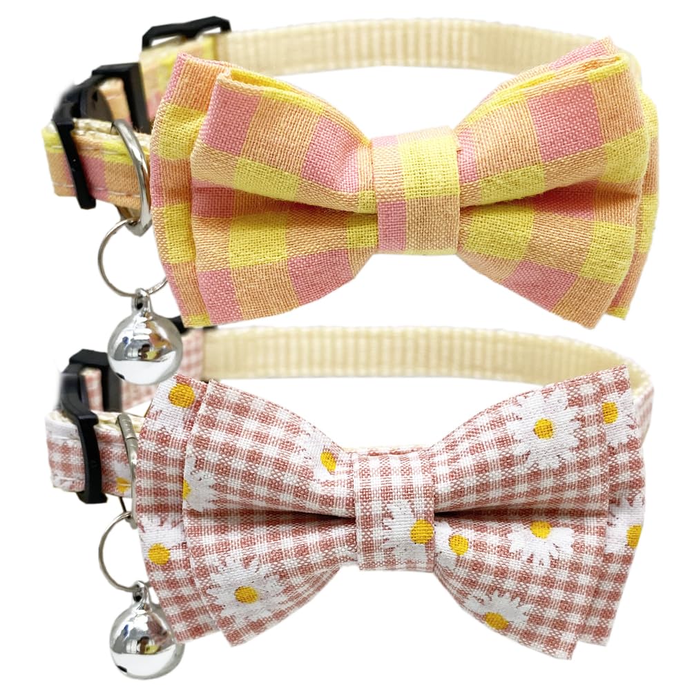 Plaid Cat Collar with Bow Tie Bell Breakaway Daisy Kitten Collars Adjustable with Removable Bowtie 2 Pack Flower Safety Collar for Spring Summer Autumn Pink & Yellow
